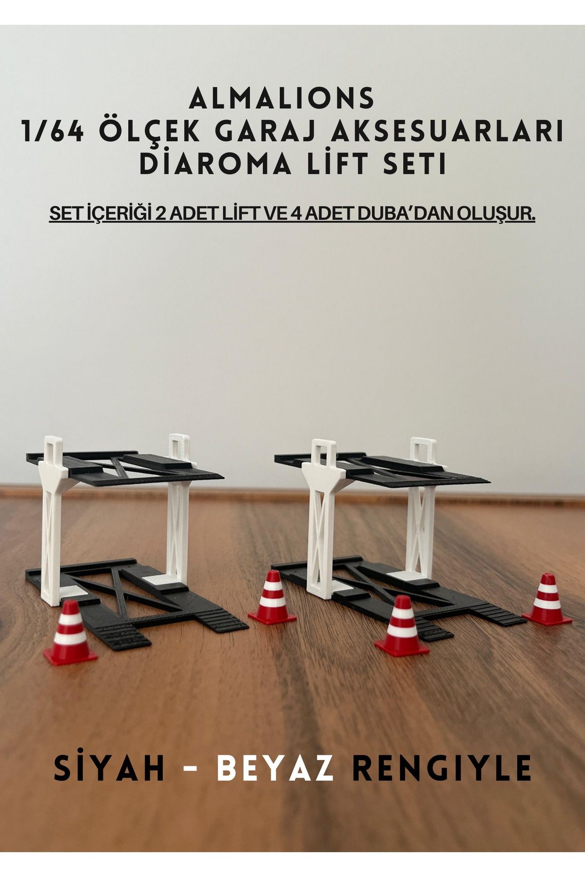 1/64 Ölçek Diaroma Araç Lifti 2 Adet + 4 Adet Duba Garaj Aksesuarları Siyah - Beyaz