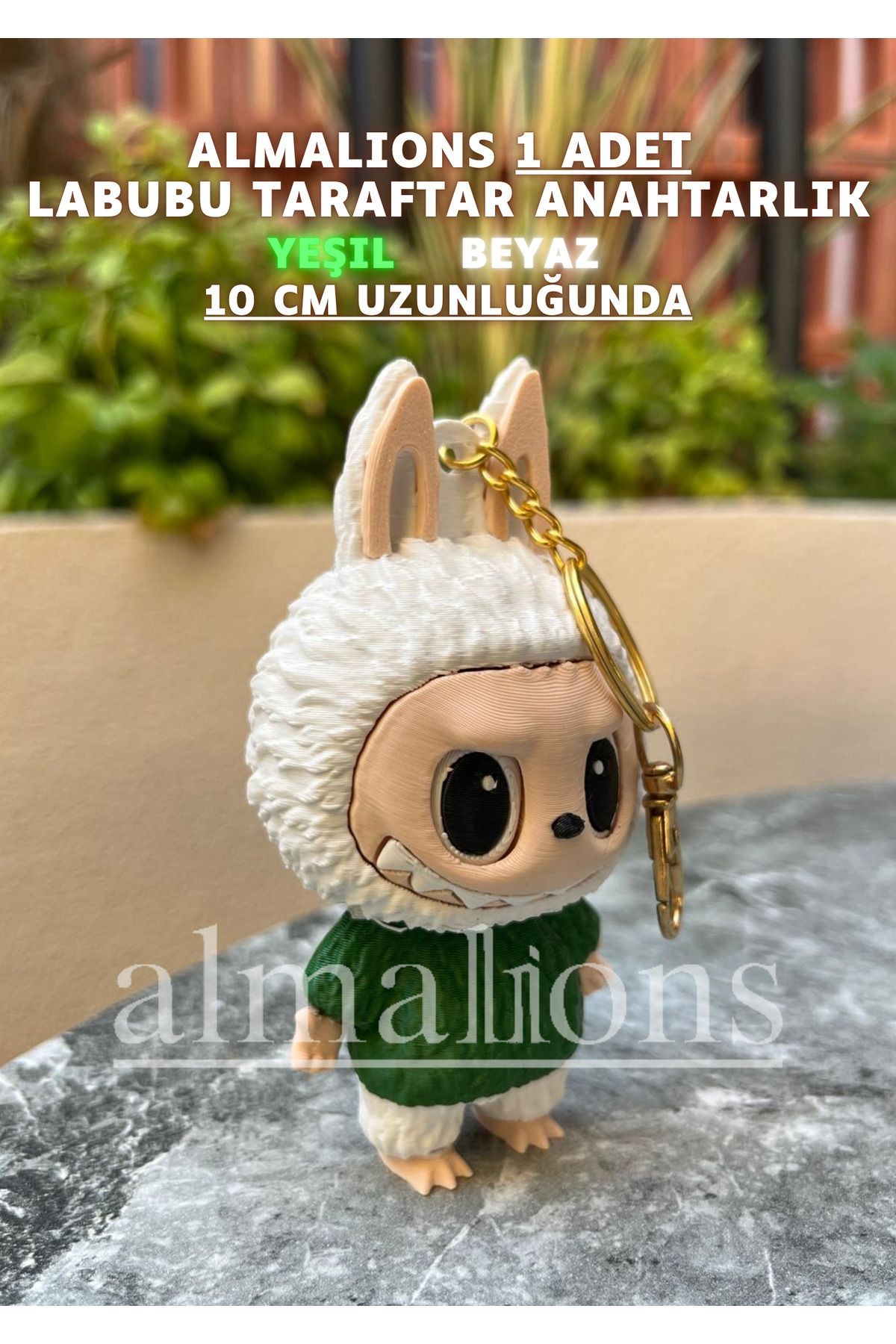 Yeşil Beyaz 10 Cm Labubu Figürü - Çanta Charm – Çanta Süsü - Charm - Anahtarlık