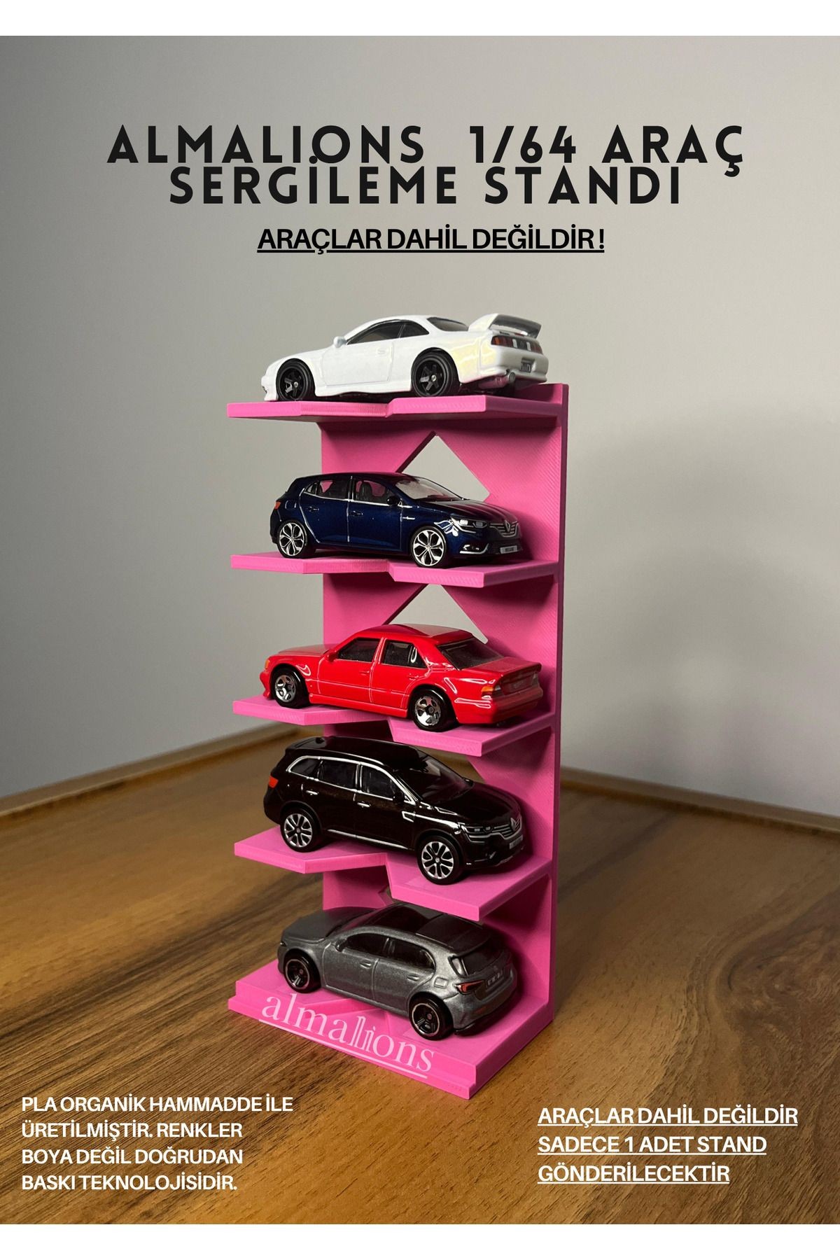 1/64 ÖLÇEK ARAÇ SERGİLEME STANDI (5 ARAÇLIK) - PEMBE - ARAÇLAR DAHİL DEĞİLDİR!