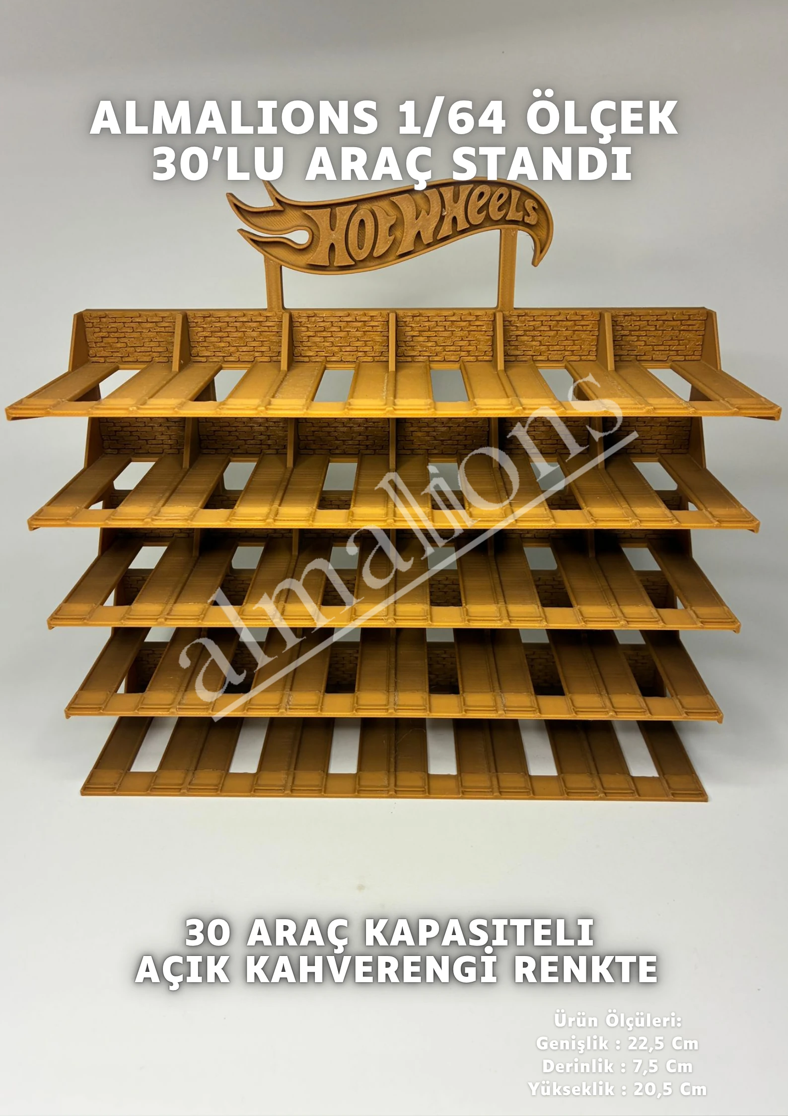 Almalions 1/64 Ölçek Hot Wheels Logolu Model Araç Sergileme Standı - Açık Kahverengi