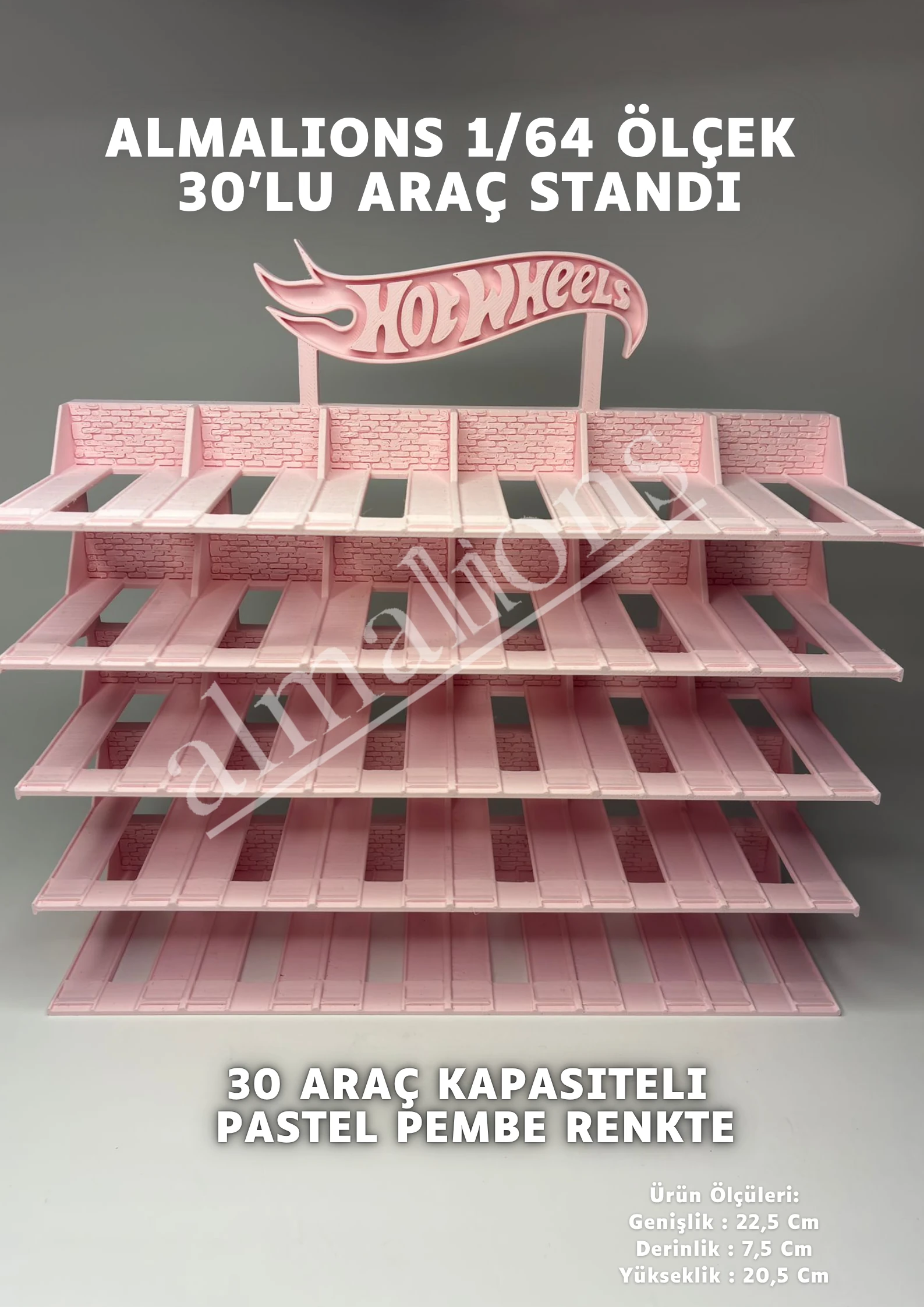 Almalions 1/64 Ölçek Hot Wheels Logolu Model Araç Sergileme Standı - Pastel Pembe