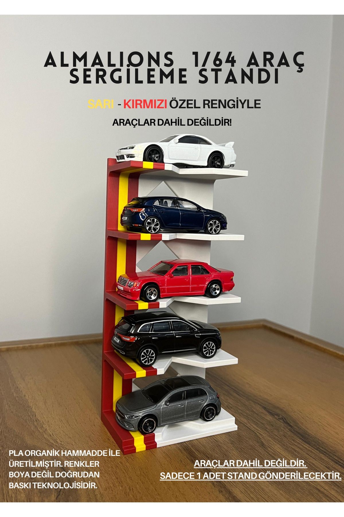 1/64 ÖLÇEK ARAÇ SERGİLEME STANDI (5 ARAÇLIK) - SARI KIRMIZI - ARAÇLAR DAHİL DEĞİLDİR!