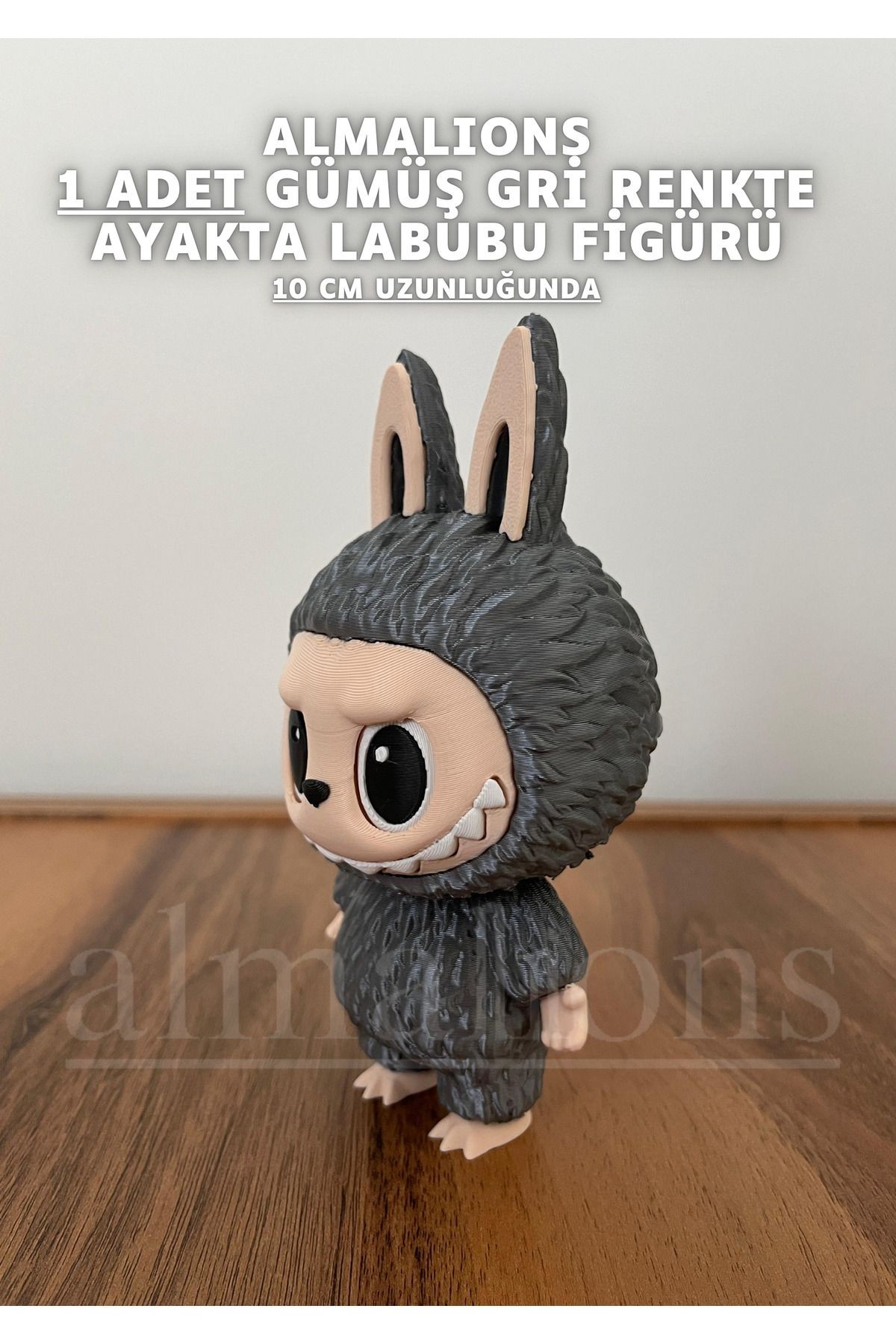 Gümüş Gri Renkte Ayakta Labubu Figürü - 10 Cm - Plastik Figür - 1 Adet