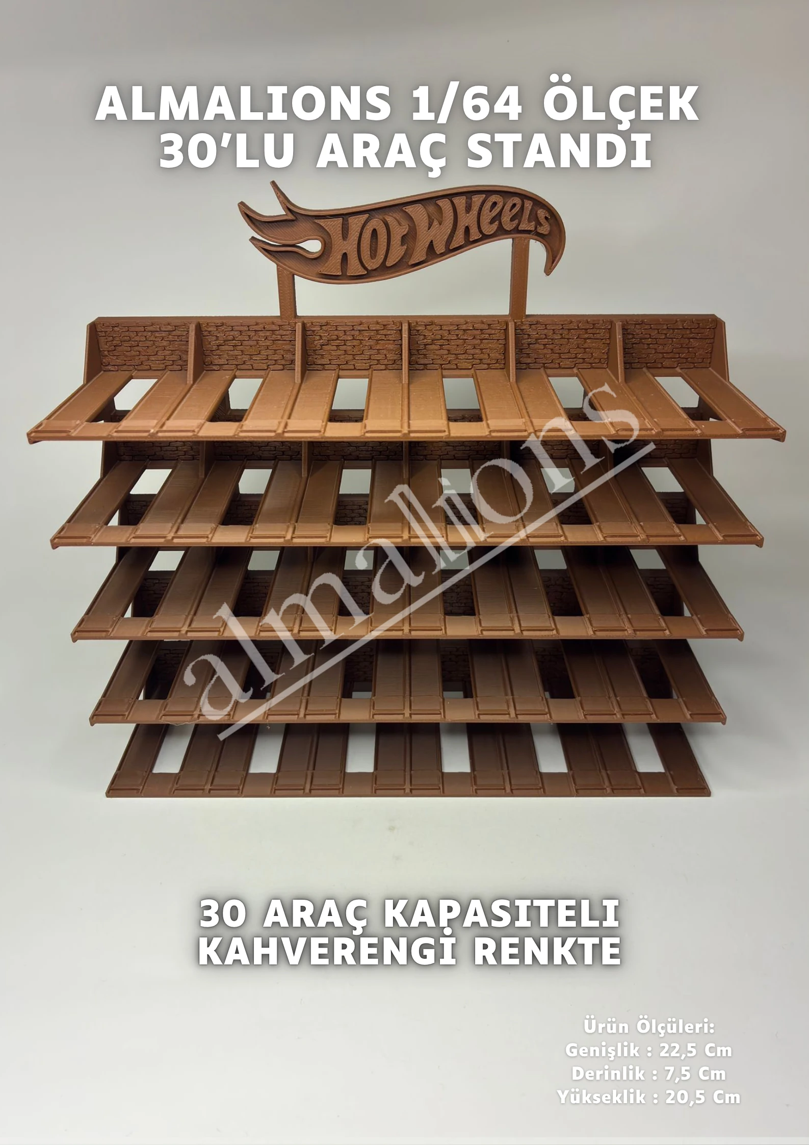 Almalions 1/64 Ölçek Hot Wheels Logolu Model Araç Sergileme Standı - Kahverengi