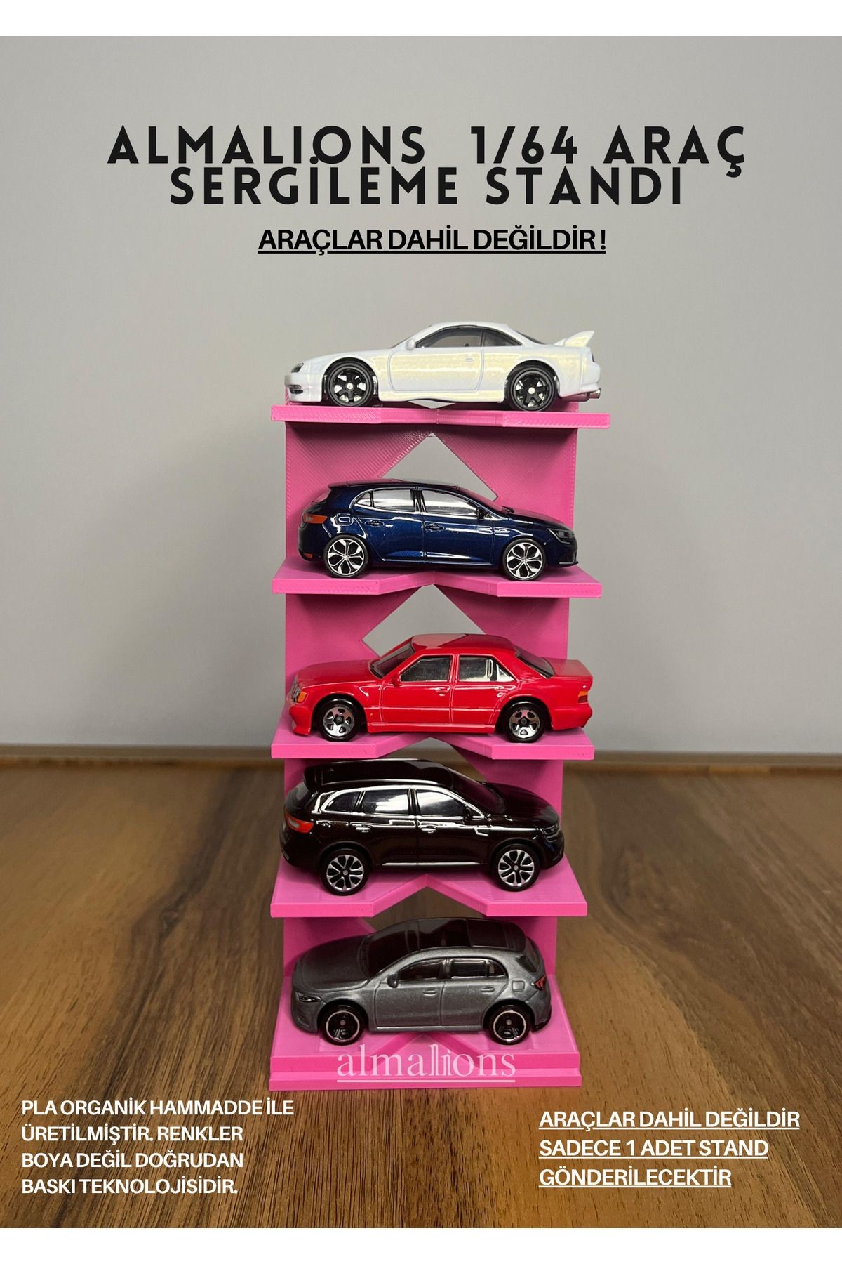 1/64 ÖLÇEK ARAÇ SERGİLEME STANDI (5 ARAÇLIK) - PEMBE - ARAÇLAR DAHİL DEĞİLDİR!