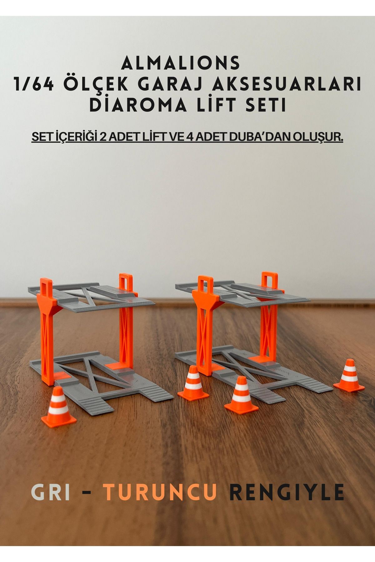 1/64 Ölçek Diaroma Araç Lifti 2 Adet + 4 Adet Duba Garaj Aksesuarları Gri - Turuncu
