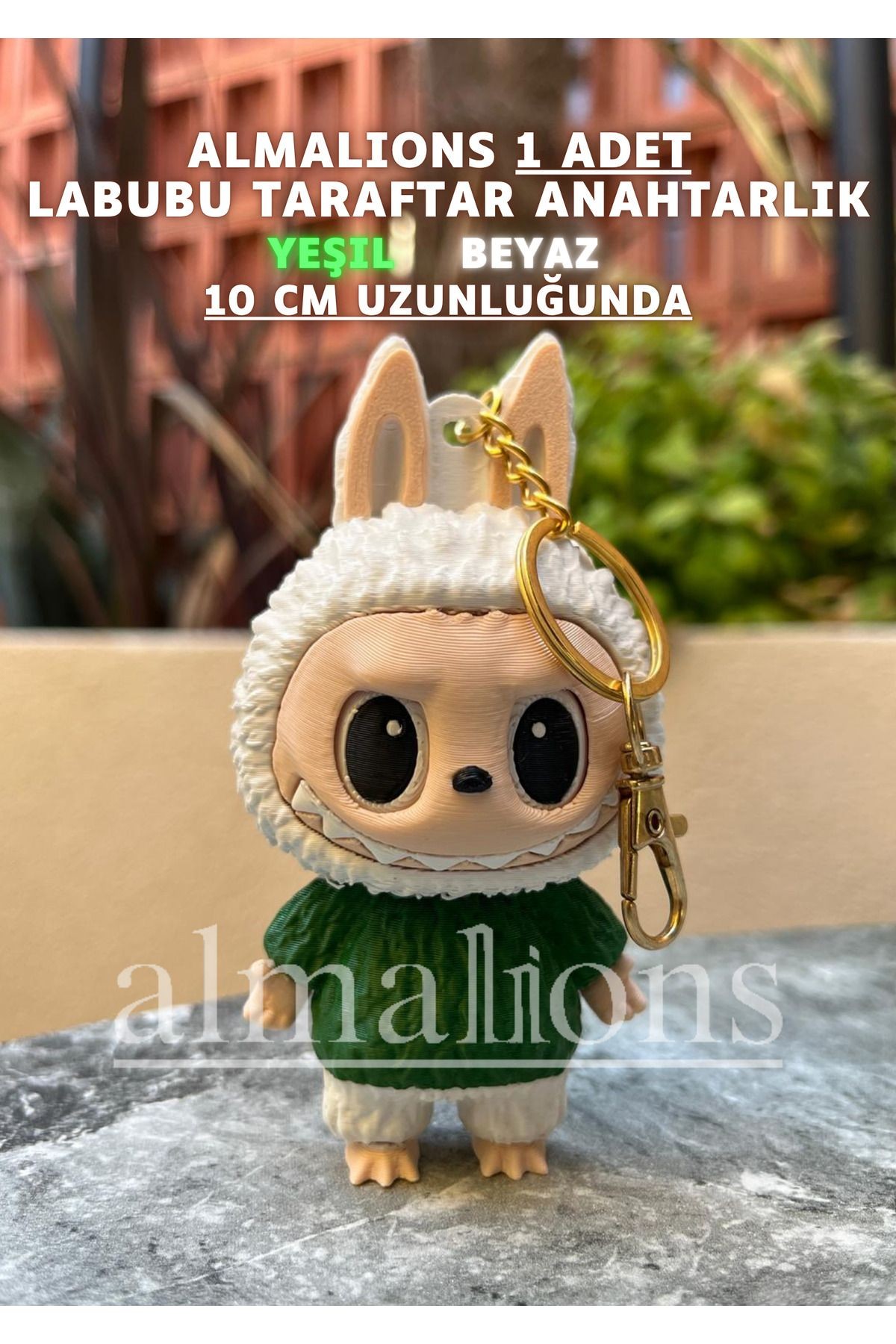 Yeşil Beyaz 10 Cm Labubu Figürü - Çanta Charm – Çanta Süsü - Charm - Anahtarlık