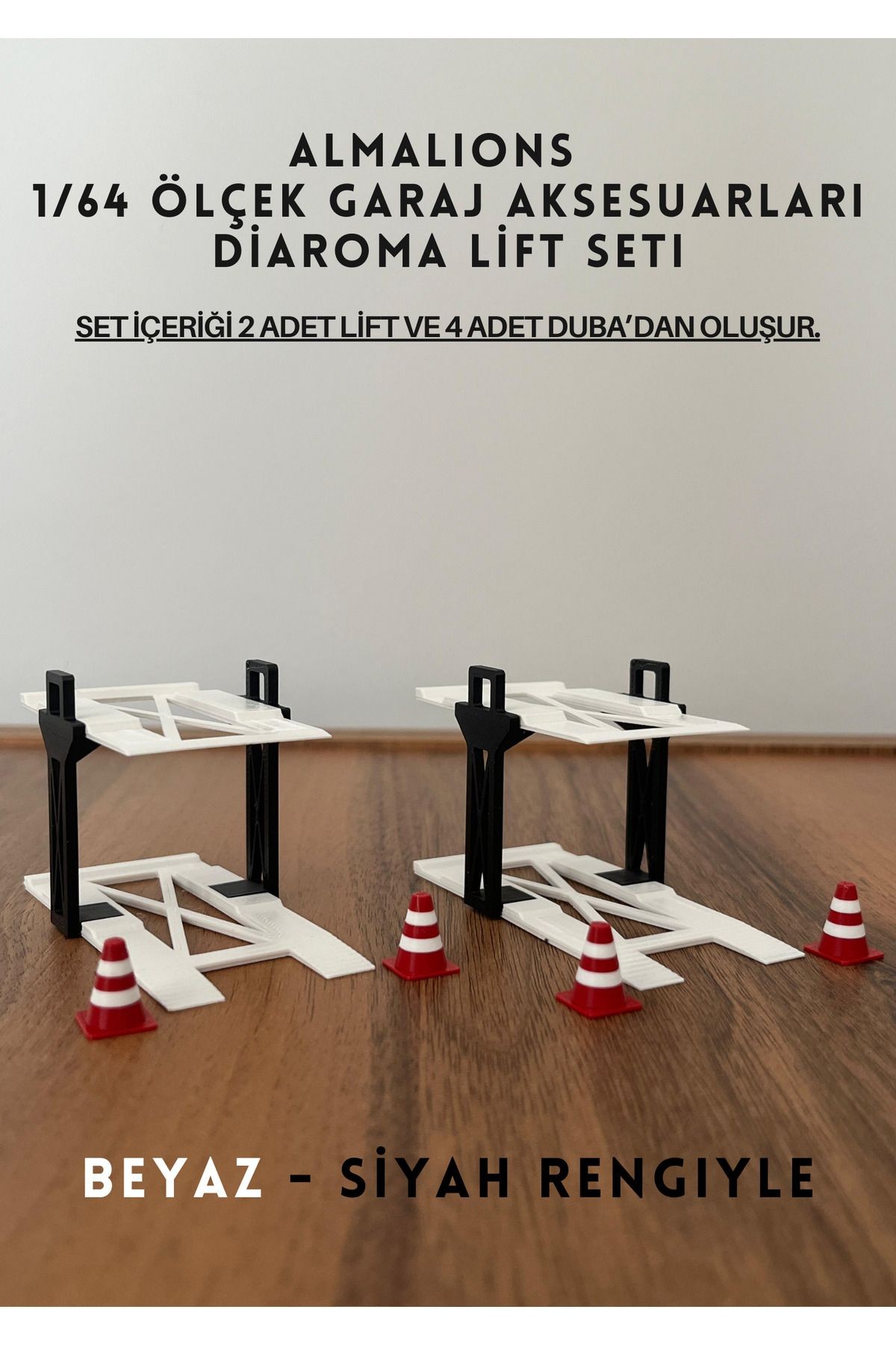 1/64 Ölçek Diaroma Araç Lifti 2 Adet + 4 Adet Duba Garaj Aksesuarları Beyaz - Siyah