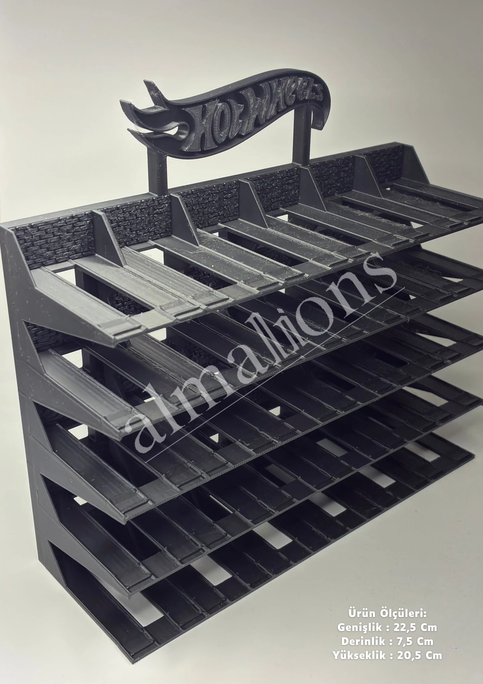 Almalions 1/64 Ölçek Hot Wheels Logolu Model Araç Sergileme Standı - Siyah