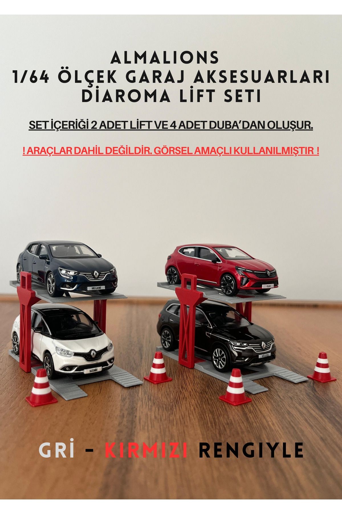 1/64 Ölçek Diaroma Araç Lifti 2 Adet + 4 Adet Duba Garaj Aksesuarları Gri - Kırmızı