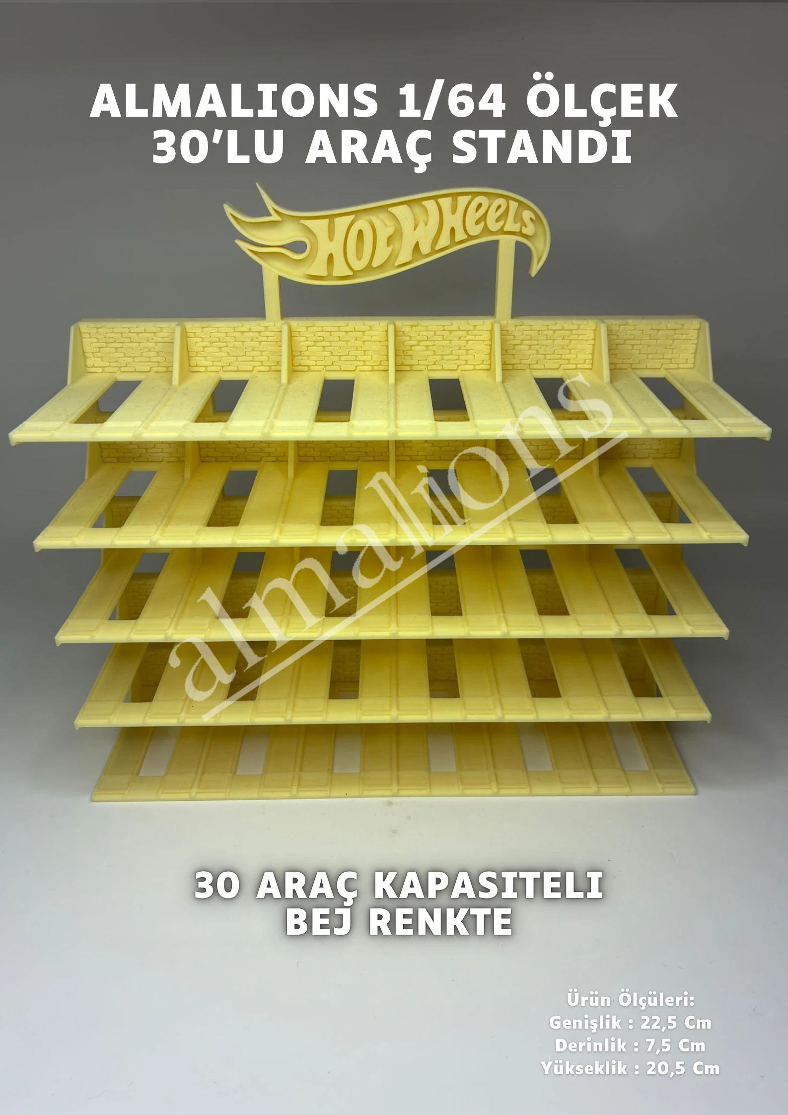 Almalions 1/64 Ölçek Hot Wheels Logolu Model Araç Sergileme Standı - Bej