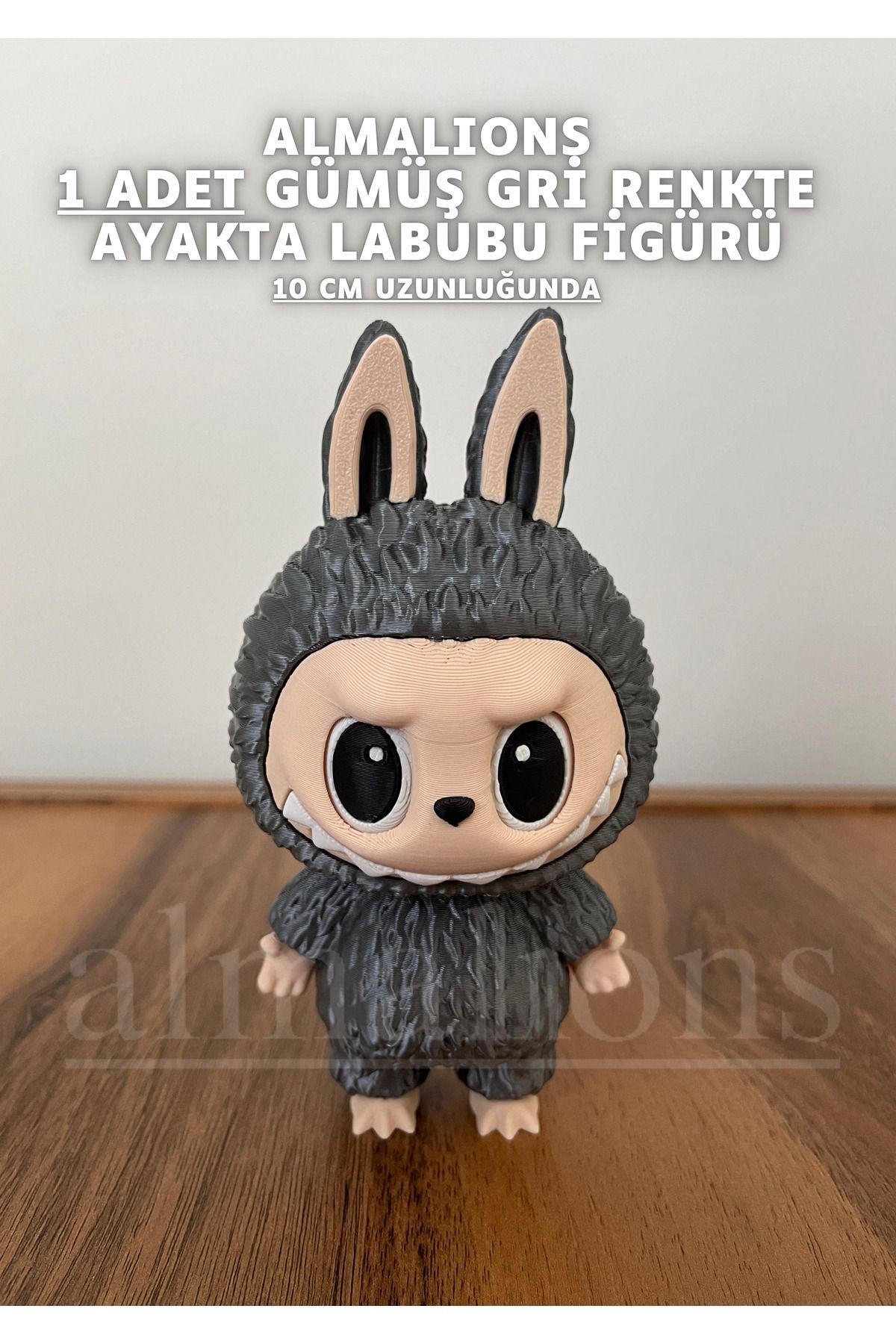 Gümüş Gri Renkte Ayakta Labubu Figürü - 10 Cm - Plastik Figür - 1 Adet