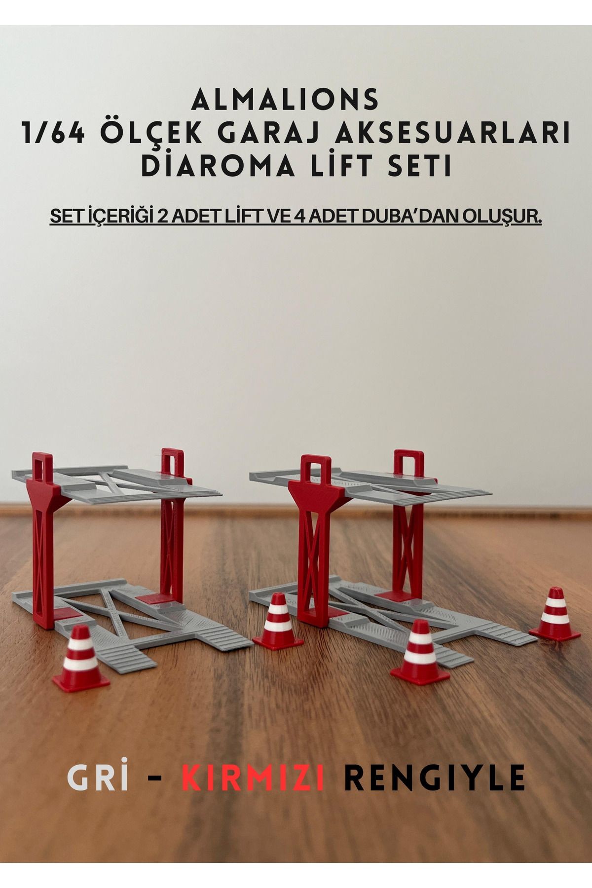 1/64 Ölçek Diaroma Araç Lifti 2 Adet + 4 Adet Duba Garaj Aksesuarları Gri - Kırmızı