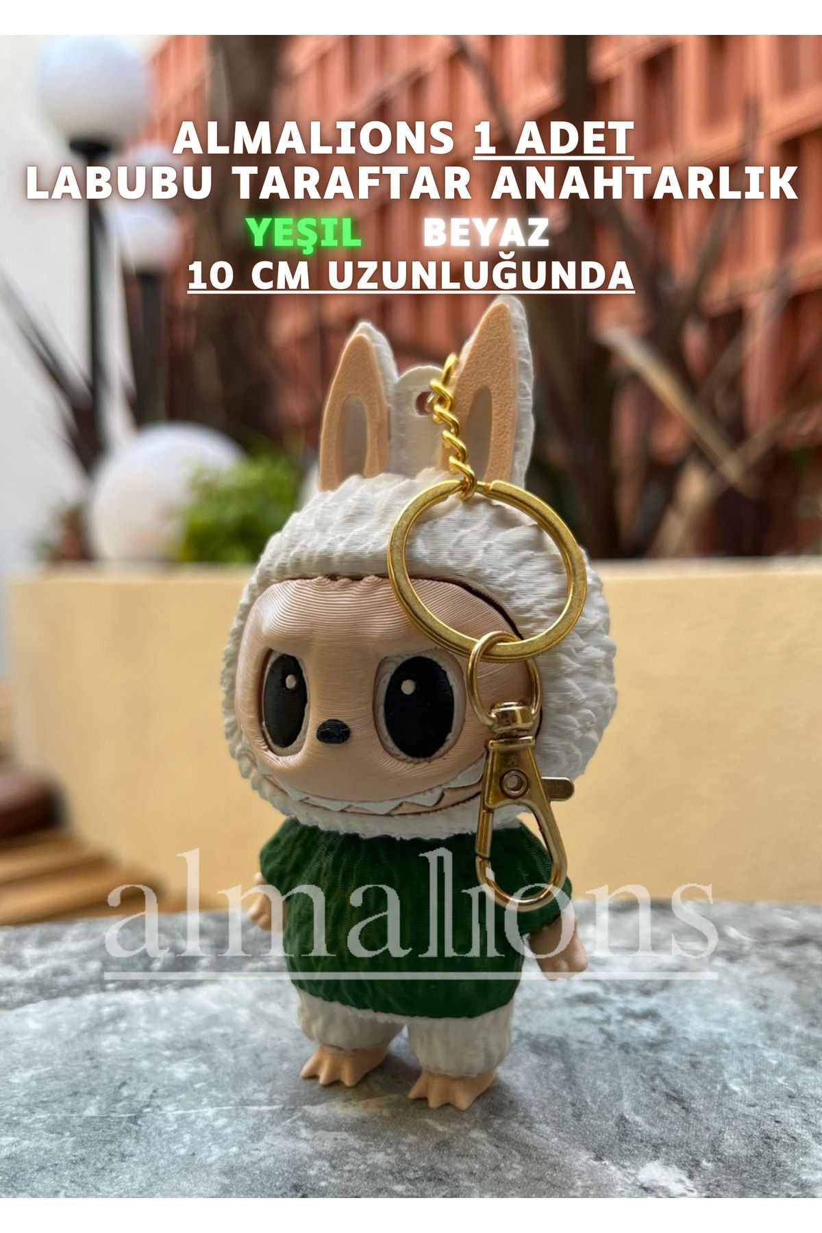 Yeşil Beyaz 10 Cm Labubu Figürü - Çanta Charm – Çanta Süsü - Charm - Anahtarlık