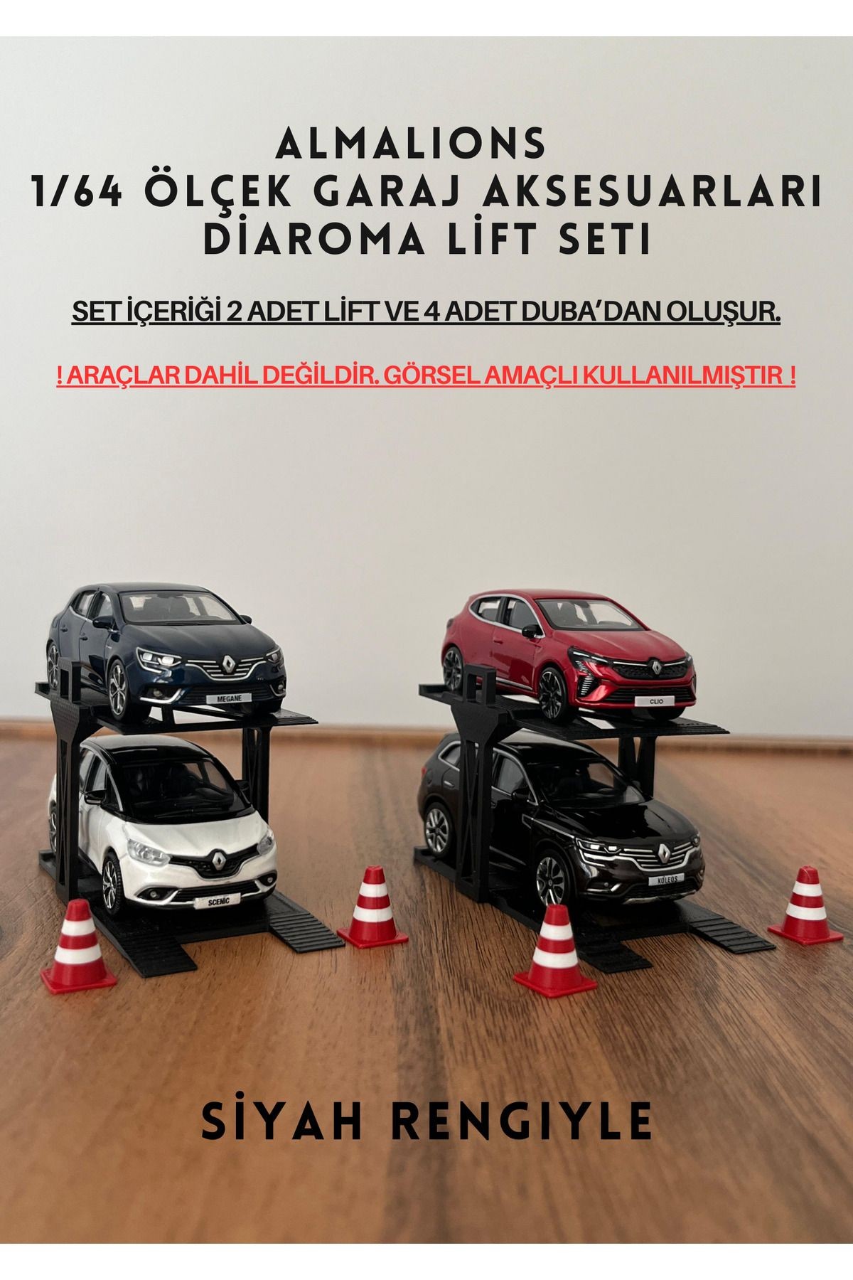 1/64 Ölçek Diaroma Araç Lifti 2 Adet + 4 Adet Duba Garaj Aksesuarları Siyah