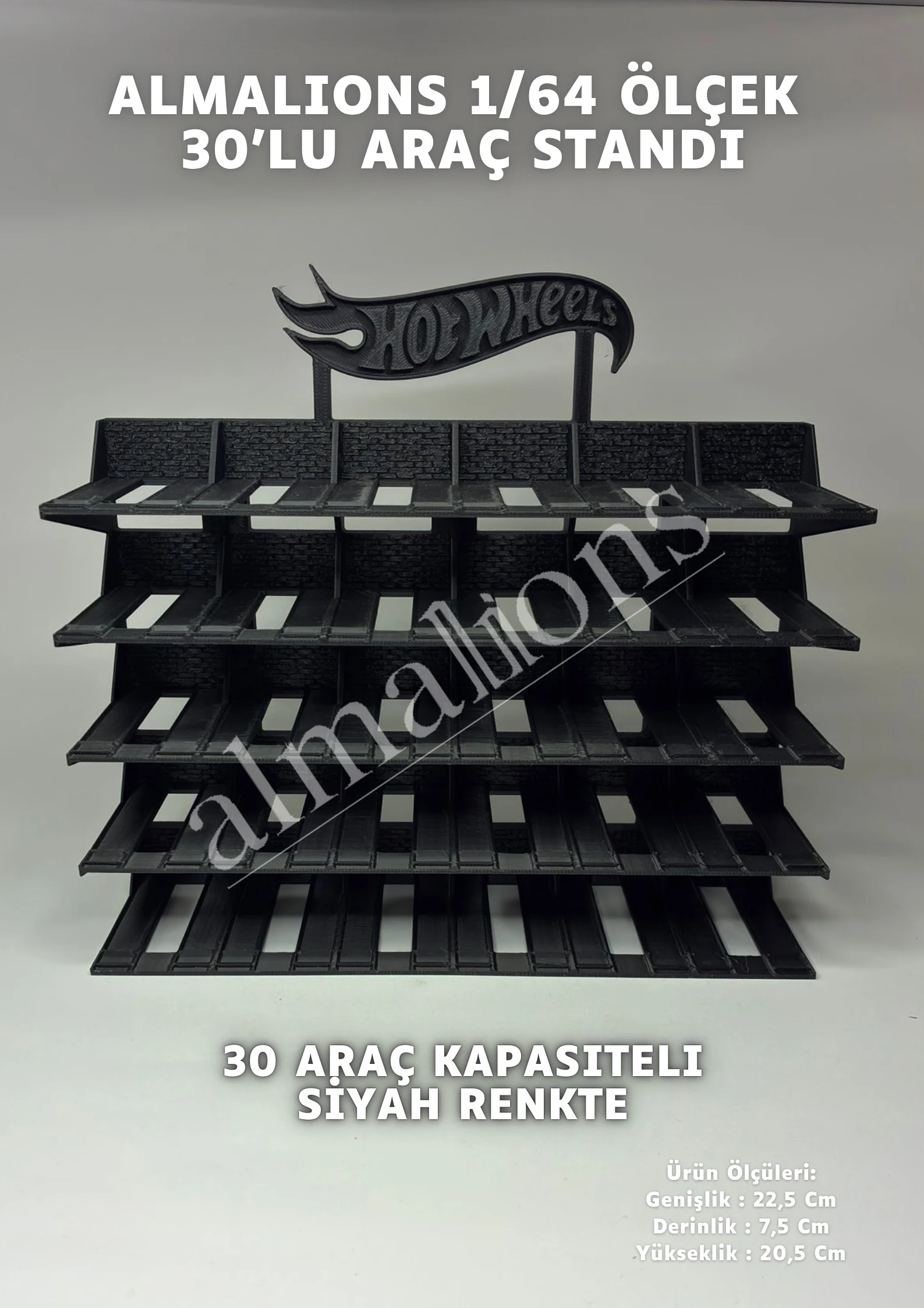 Almalions 1/64 Ölçek Hot Wheels Logolu Model Araç Sergileme Standı - Siyah