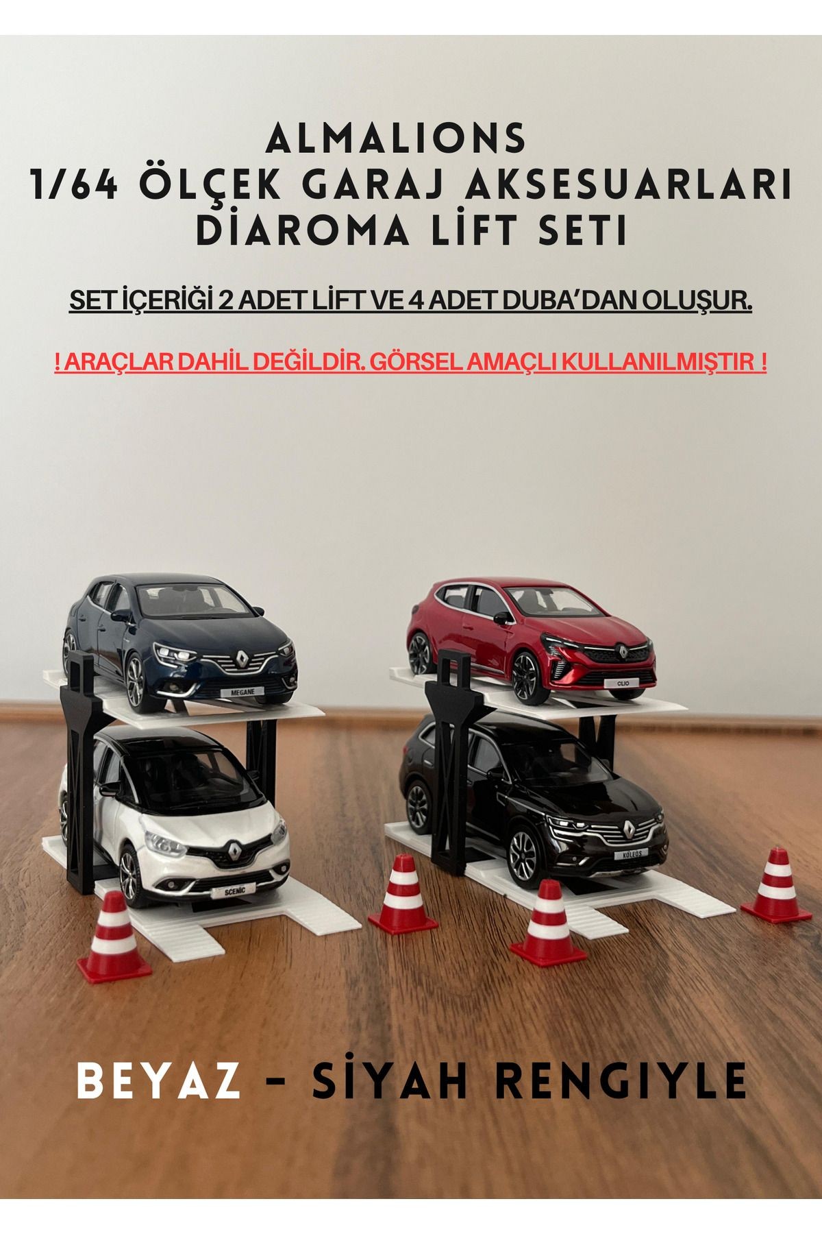 1/64 Ölçek Diaroma Araç Lifti 2 Adet + 4 Adet Duba Garaj Aksesuarları Beyaz - Siyah