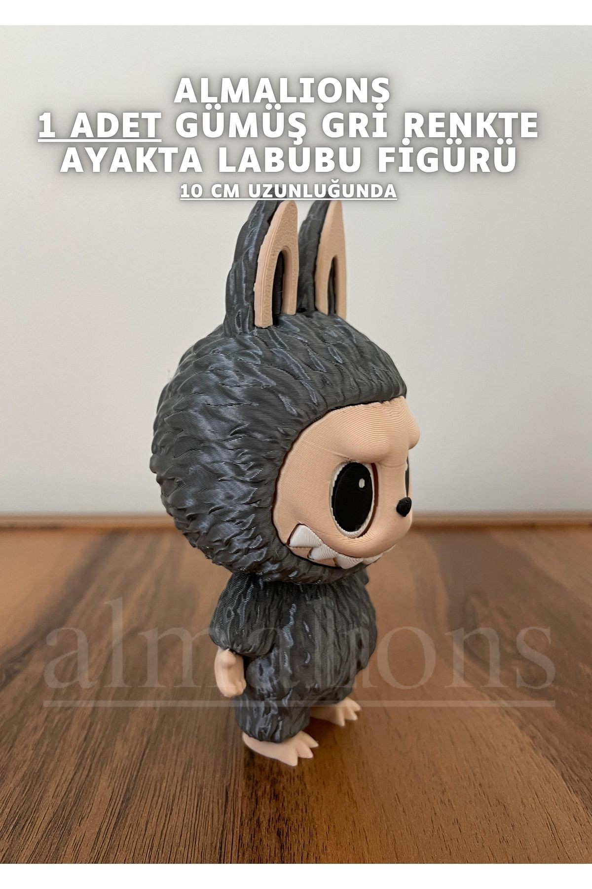 Gümüş Gri Renkte Ayakta Labubu Figürü - 10 Cm - Plastik Figür - 1 Adet