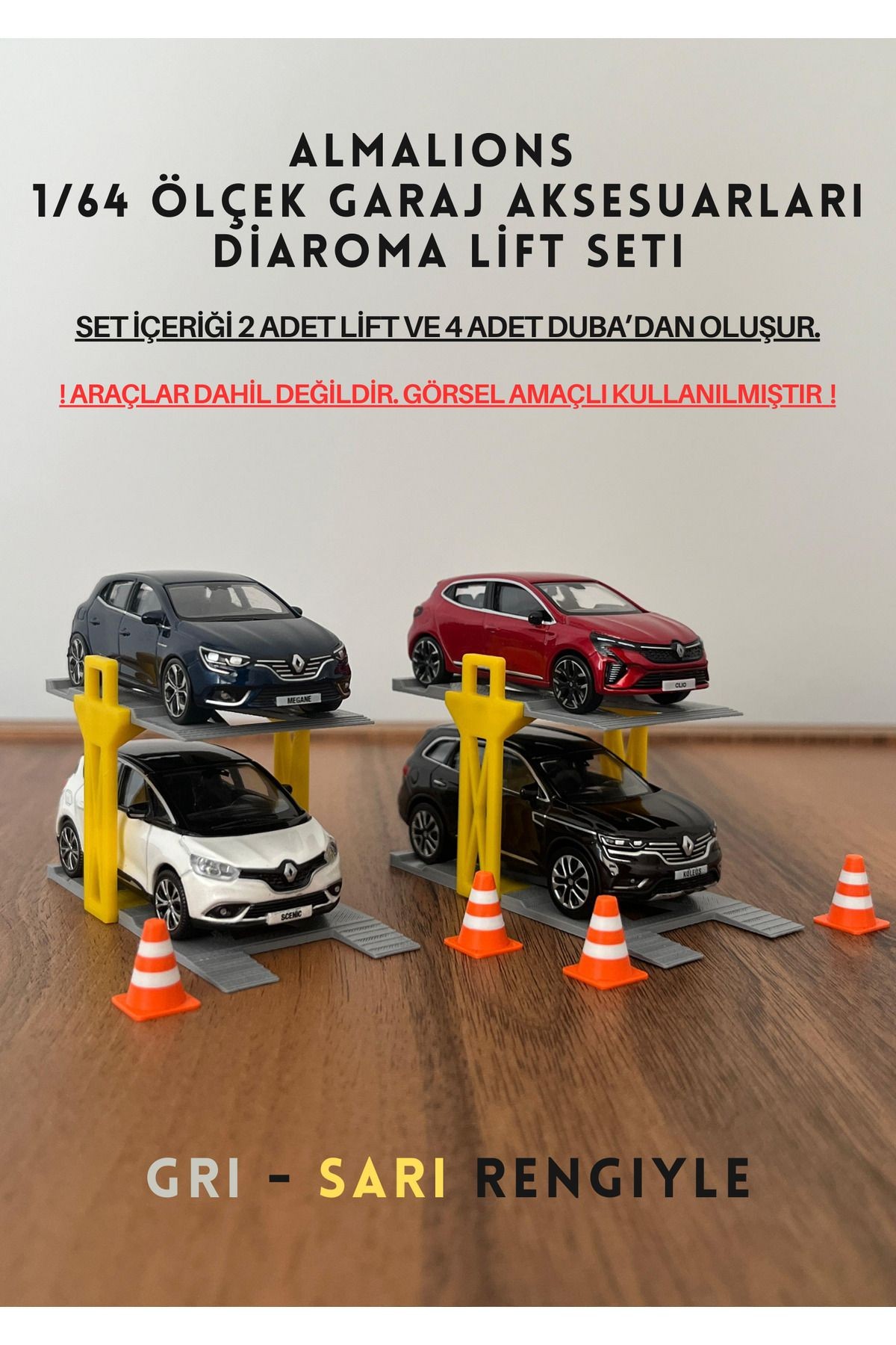 1/64 Ölçek Diaroma Araç Lifti 2 Adet + 4 Adet Duba Garaj Aksesuarları Gri - Sarı
