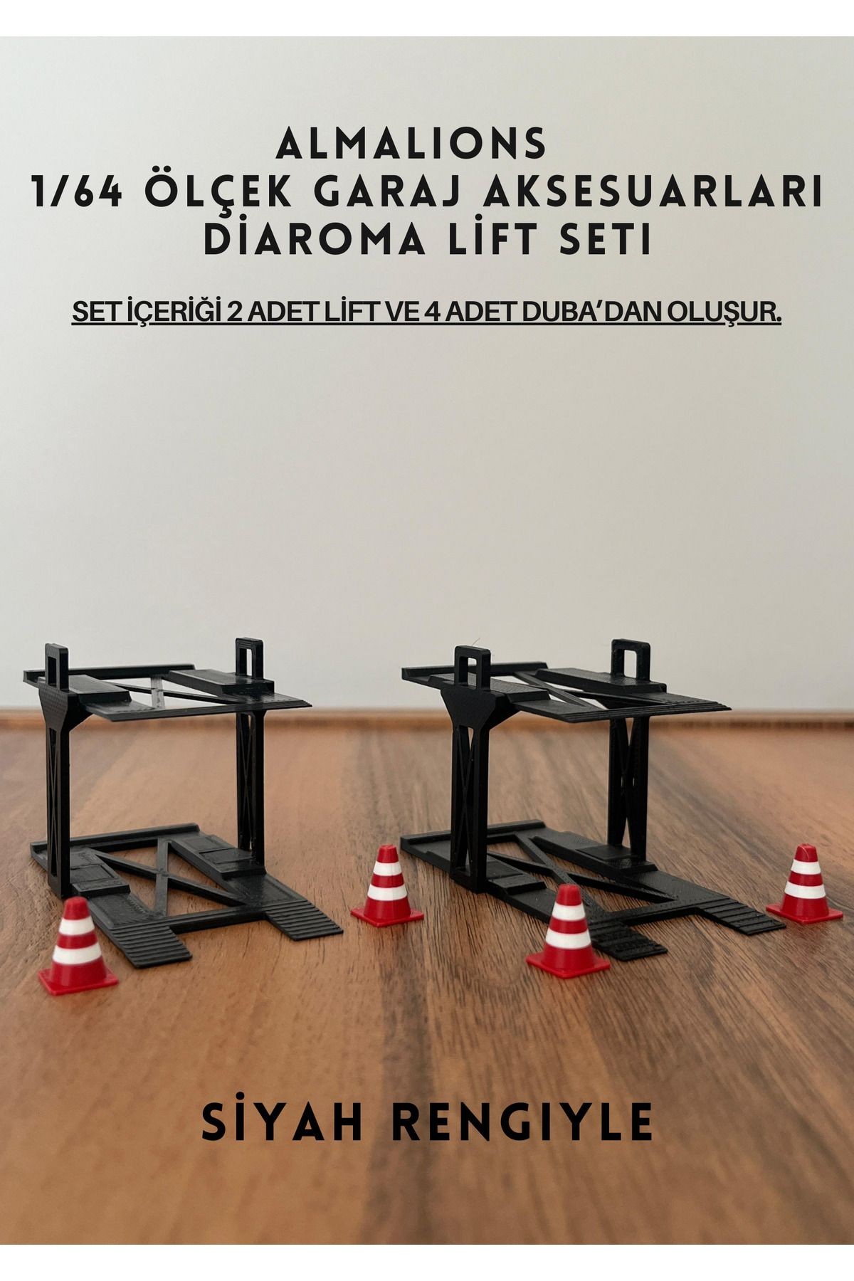 1/64 Ölçek Diaroma Araç Lifti 2 Adet + 4 Adet Duba Garaj Aksesuarları Siyah