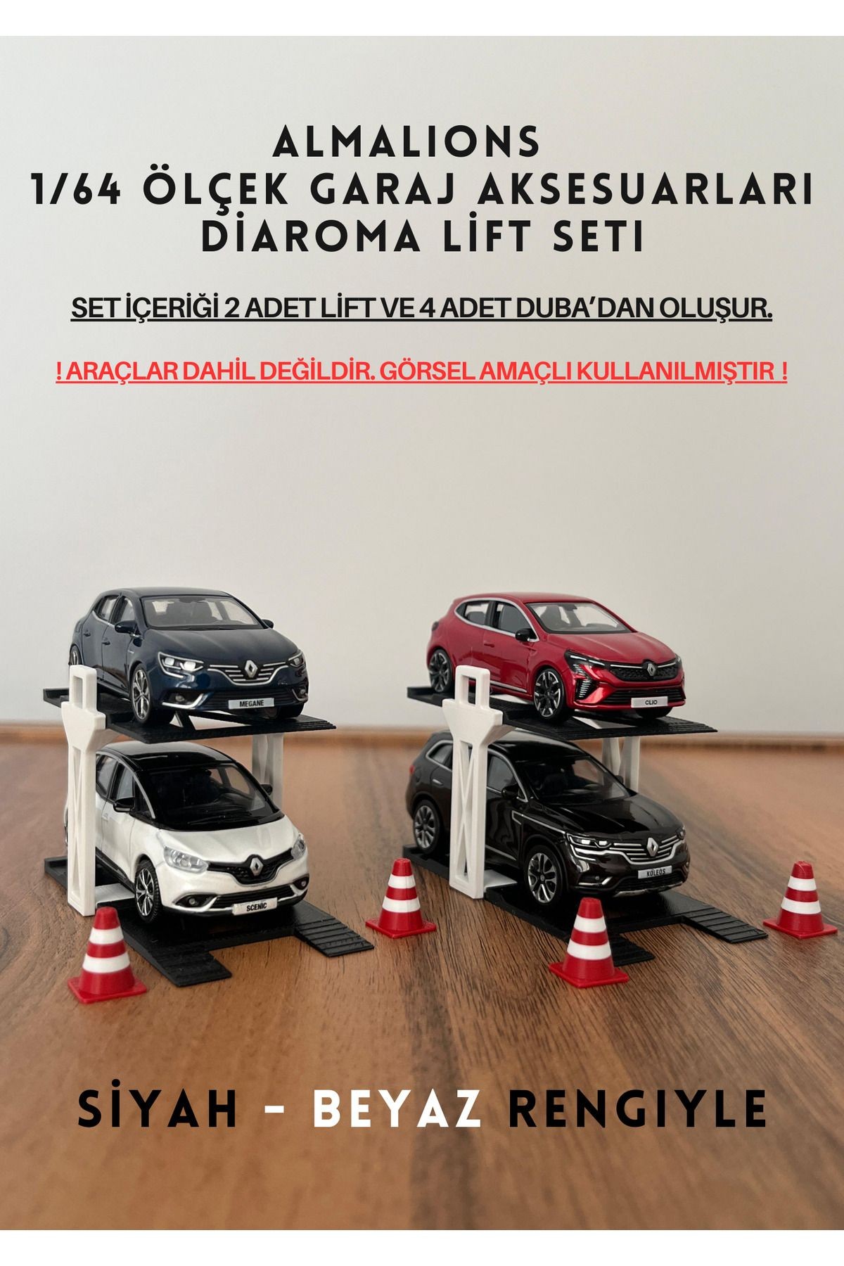 1/64 Ölçek Diaroma Araç Lifti 2 Adet + 4 Adet Duba Garaj Aksesuarları Siyah - Beyaz