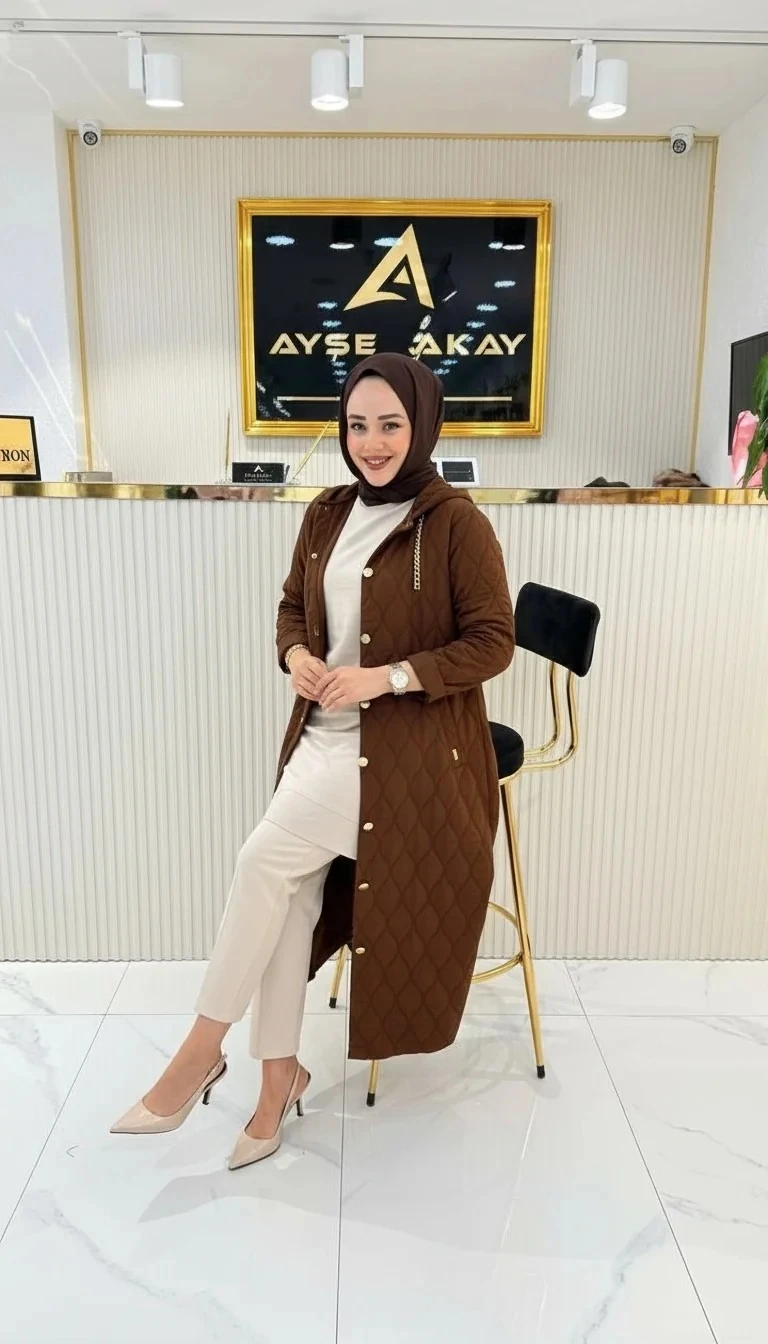 Ayşe Akay Büyük Beden Tesettür Kapüşonlu Kap - ACI KAHVE