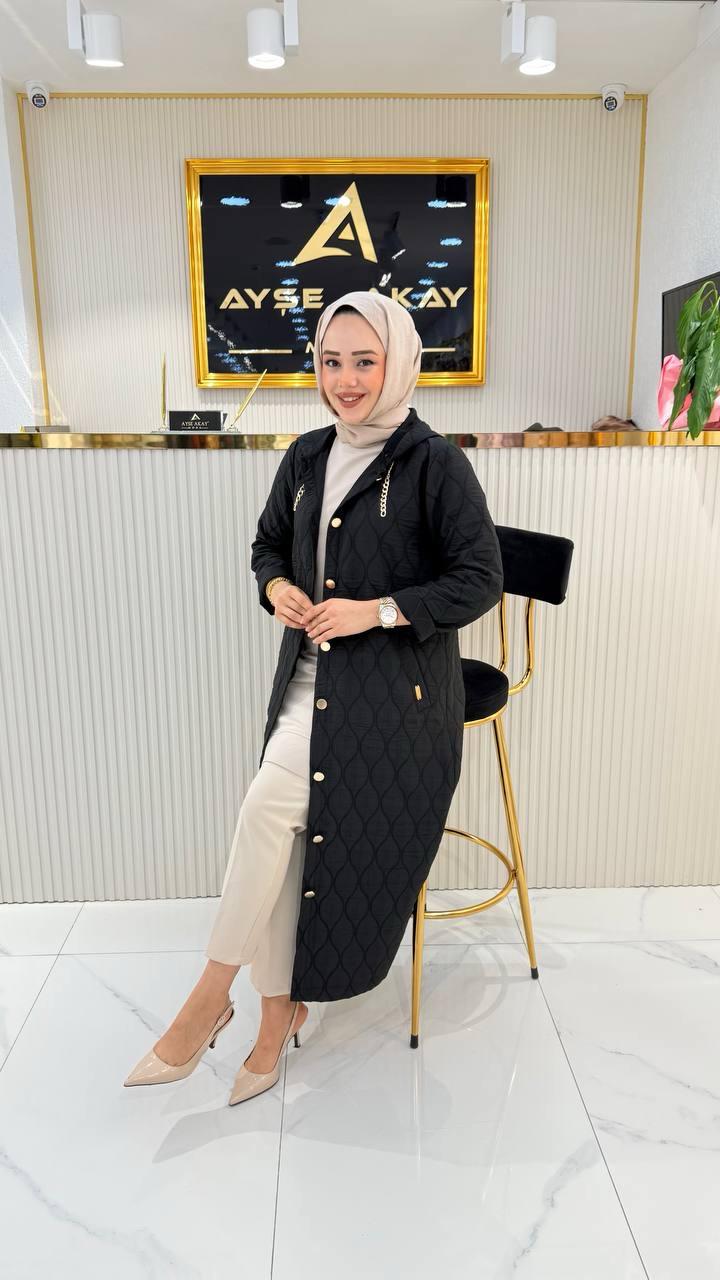 Ayşe Akay Büyük Beden Tesettür Kapüşonlu Kap - SİYAH