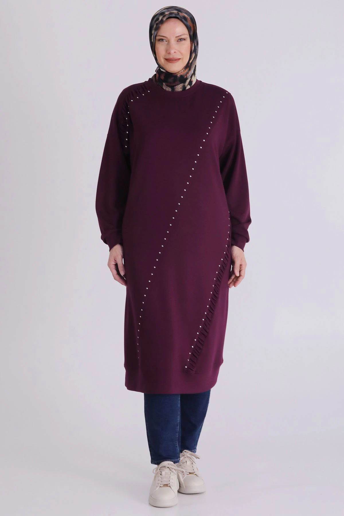 Veka Taşlı Büyük Beden Tesettür Tunik - BORDO
