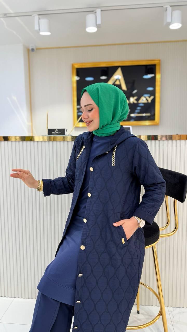 Ayşe Akay Büyük Beden Tesettür Kapüşonlu Kap - LACİVERT