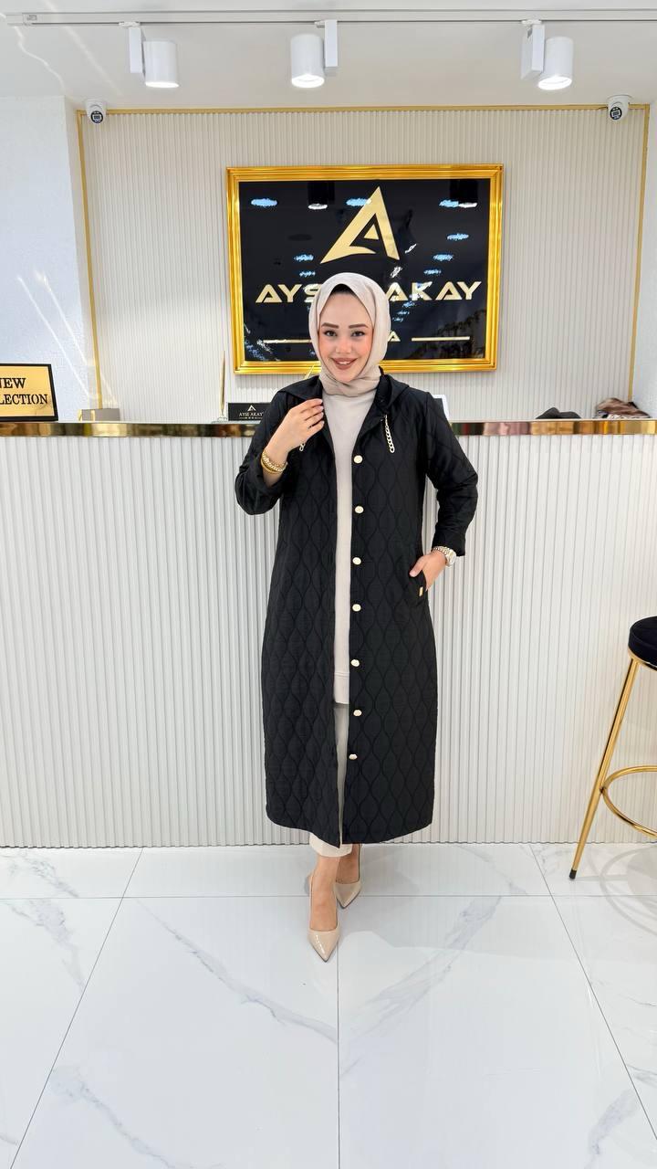 Ayşe Akay Büyük Beden Tesettür Kapüşonlu Kap - SİYAH