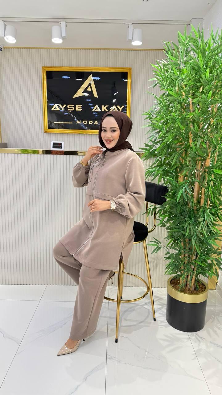 Ayşe Akay Tesettür Büyük Beden İşlemeli Oysho Takım - KREM