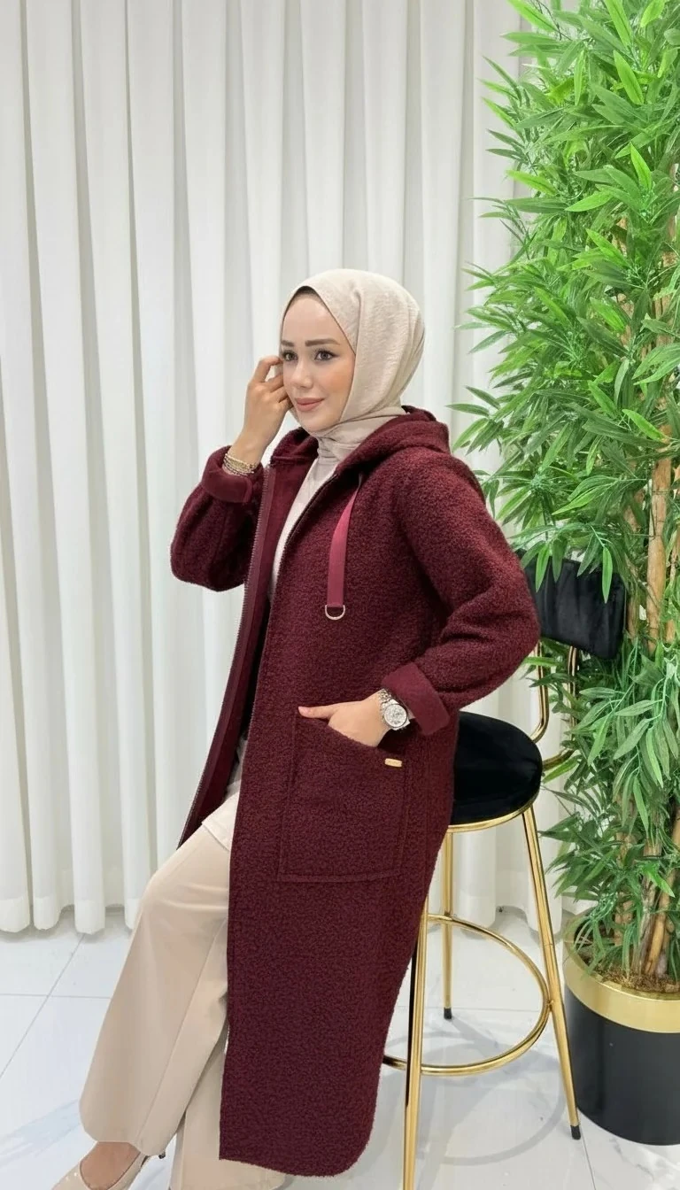 Ayşe Akay Büyük Beden Tesettür Kuzu Kap - BORDO