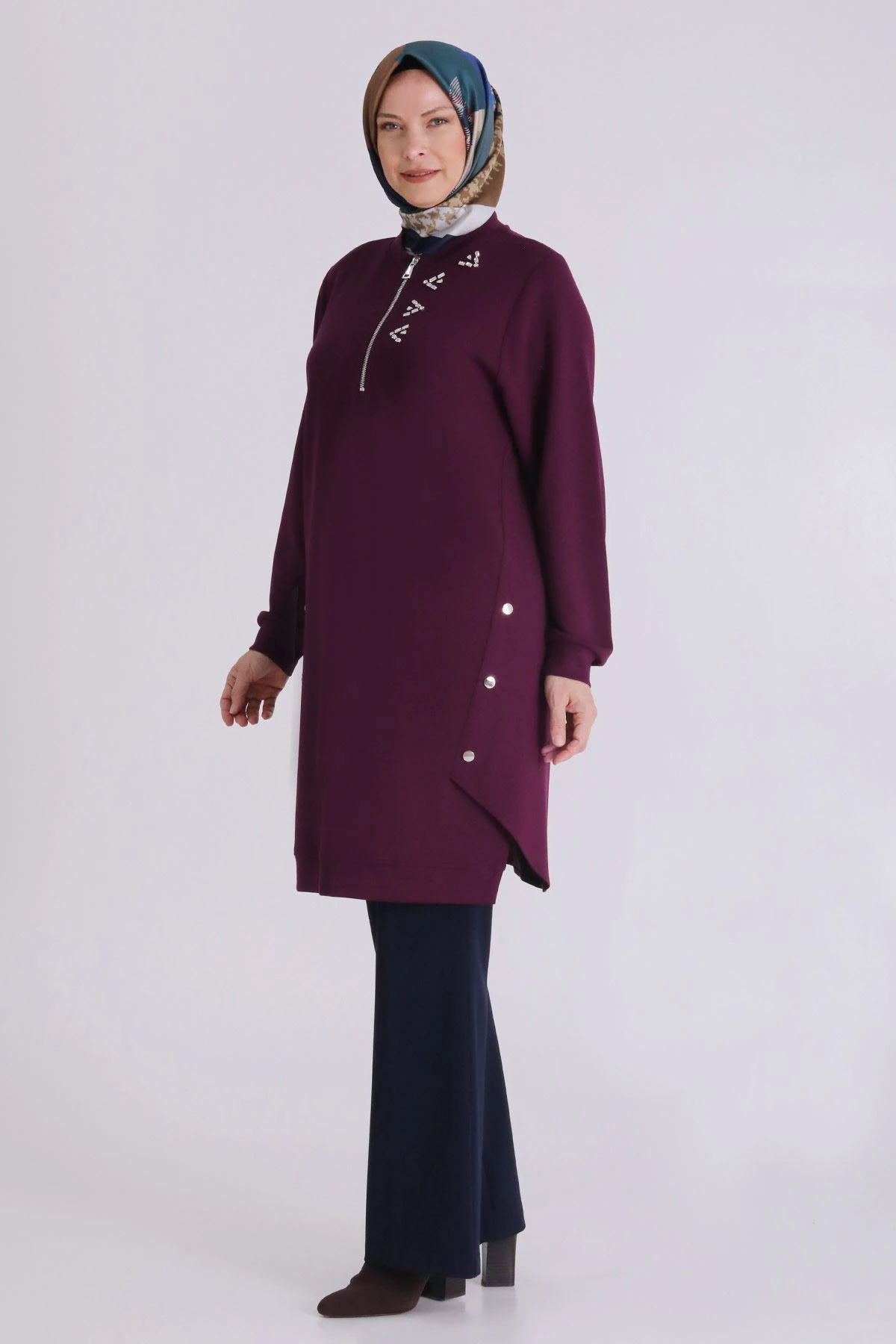 Veka Çıtçıt ve Taş Detaylı Büyük Beden Tesettür Tunik - BORDO