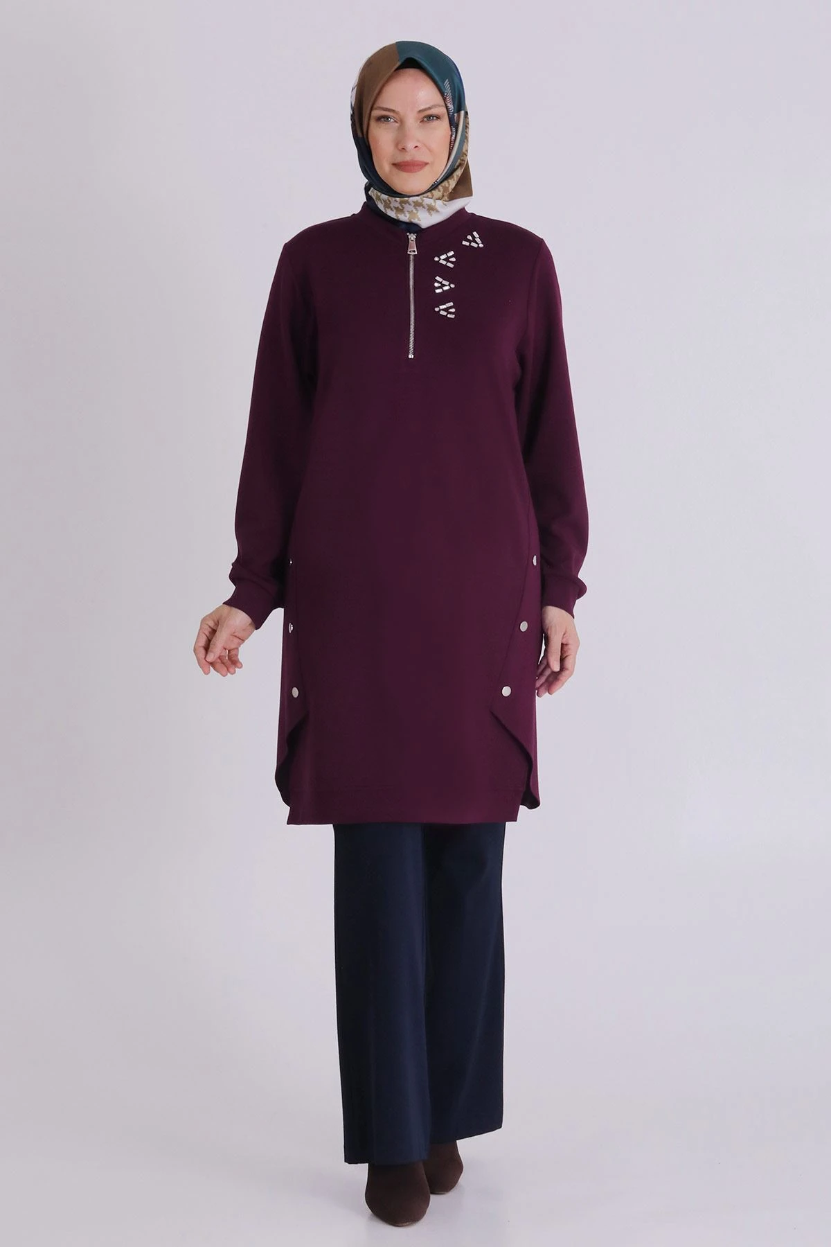 Veka Çıtçıt ve Taş Detaylı Büyük Beden Tesettür Tunik - BORDO