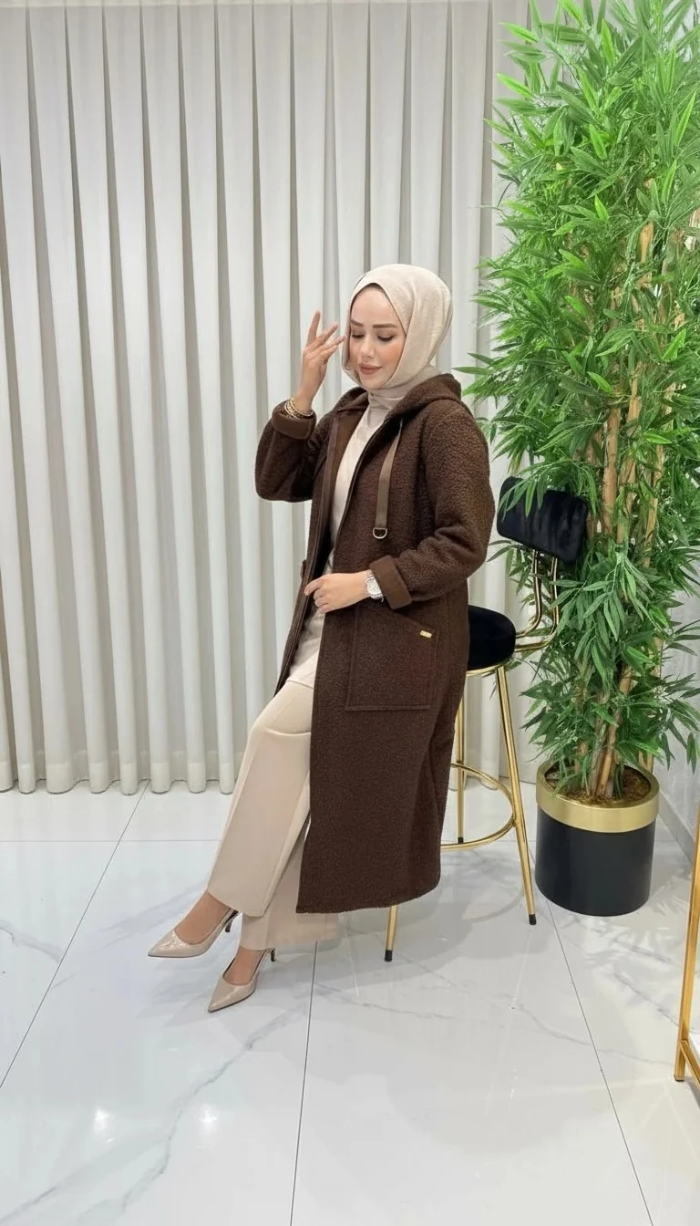 Ayşe Akay Büyük Beden Tesettür Kuzu Kap - ACI KAHVE