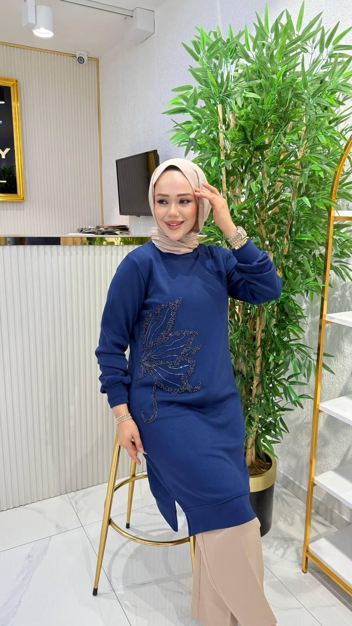 Ayşe Akay Büyük Beden Tesettür Taşlı Tunik - MAVİ