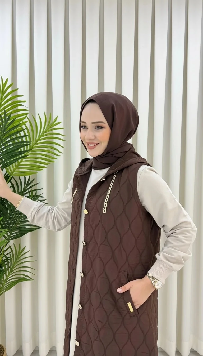 Ayşe Akay Büyük Beden Tesettür Yelek - ACI KAHVE