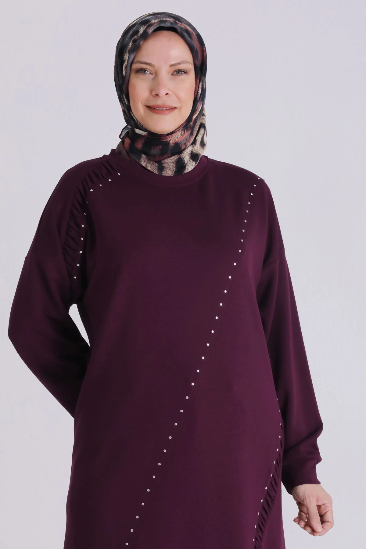 Veka Taşlı Büyük Beden Tesettür Tunik - BORDO