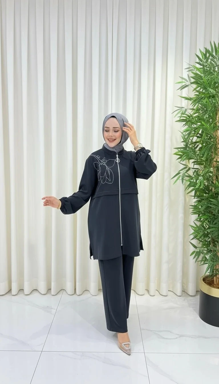 Ayşe Akay Tesettür Büyük Beden İşlemeli Oysho Takım