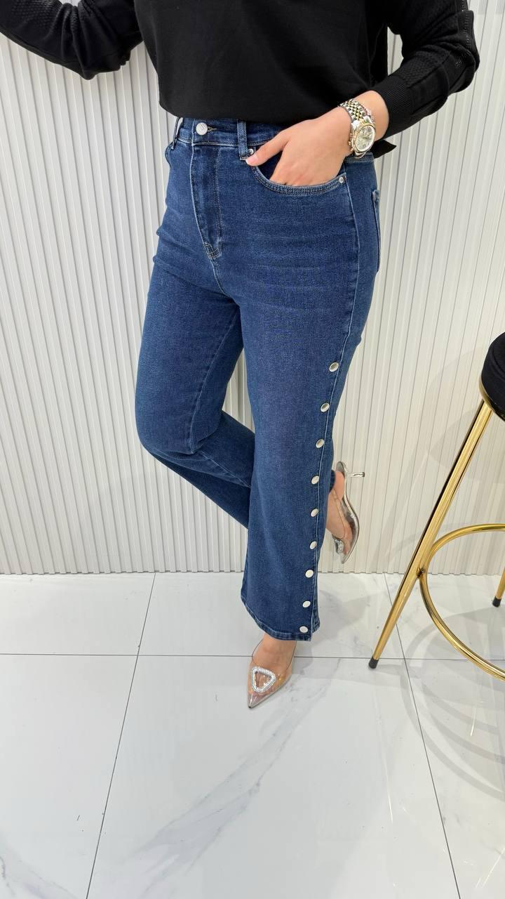  Ayşe Akay Zımba Detaylı Likralı Kot - Koyu Mavi