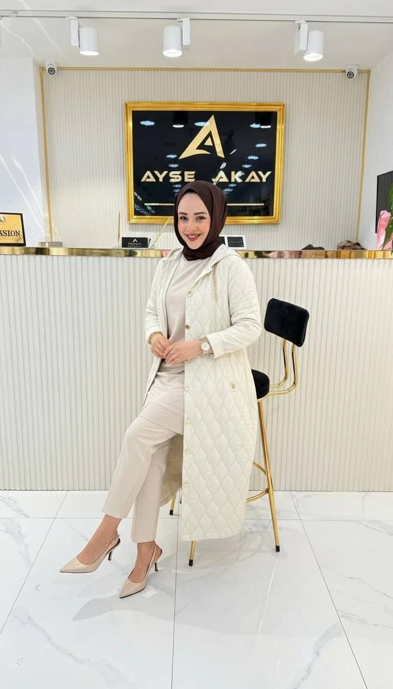 Ayşe Akay Büyük Beden Tesettür Kapüşonlu Kap - Açık Krem