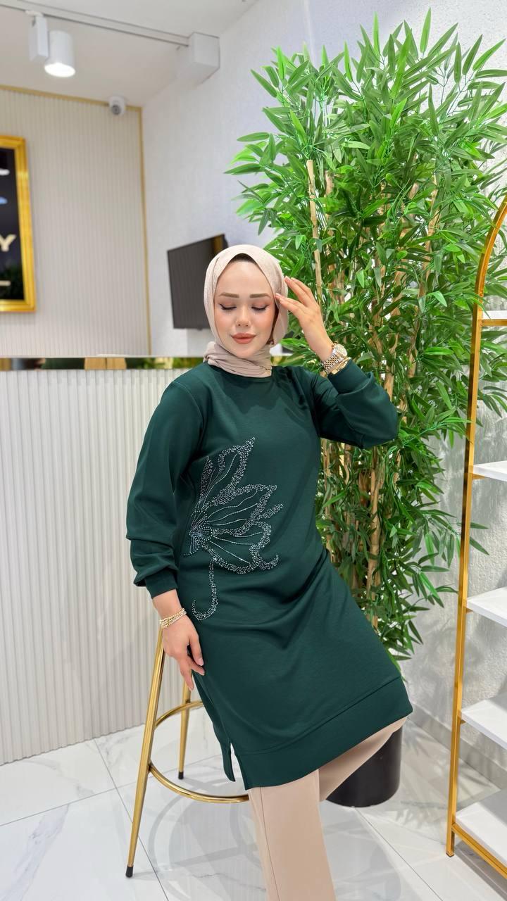 Ayşe Akay Büyük Beden Tesettür Taşlı Tunik - YEŞİL
