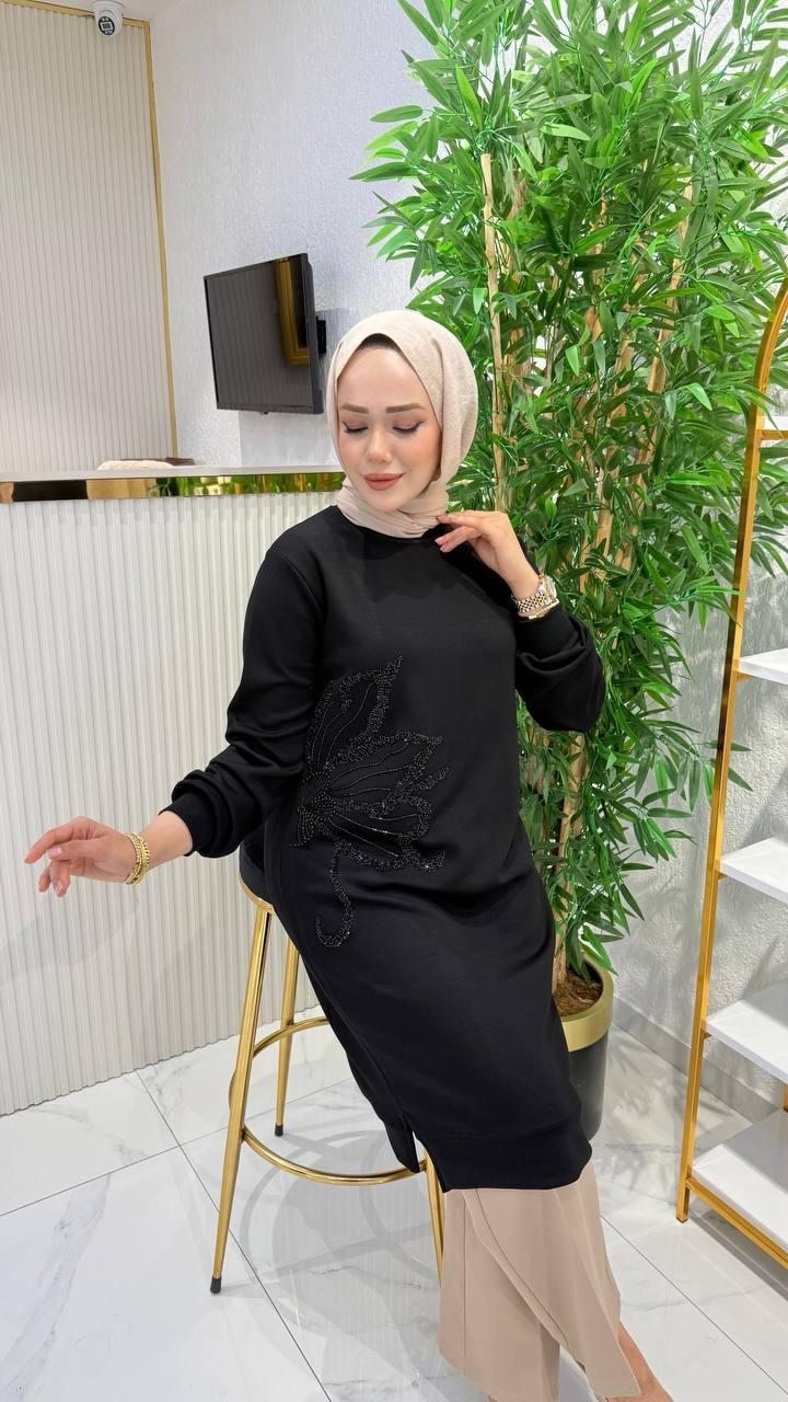 Ayşe Akay Büyük Beden Tesettür Taşlı Tunik - SİYAH