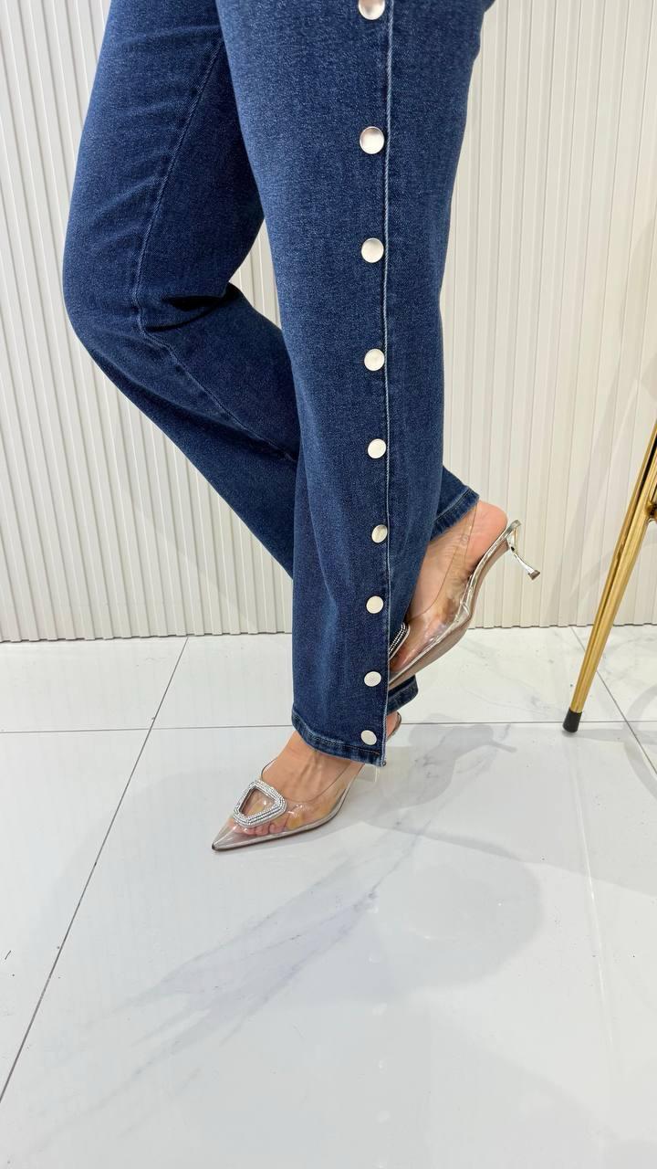  Ayşe Akay Zımba Detaylı Likralı Kot - Koyu Mavi