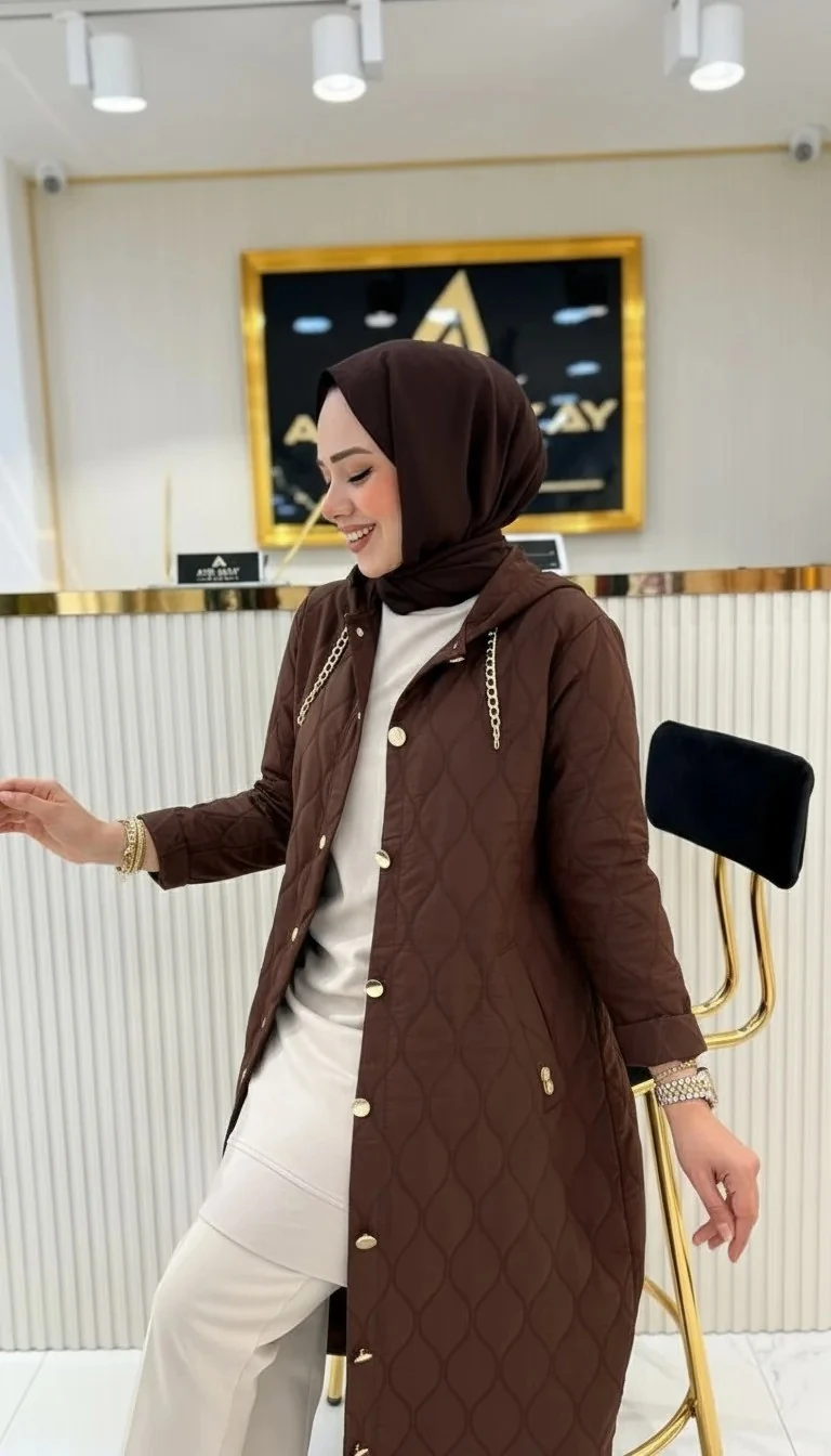 Ayşe Akay Büyük Beden Tesettür Kapüşonlu Kap - ACI KAHVE