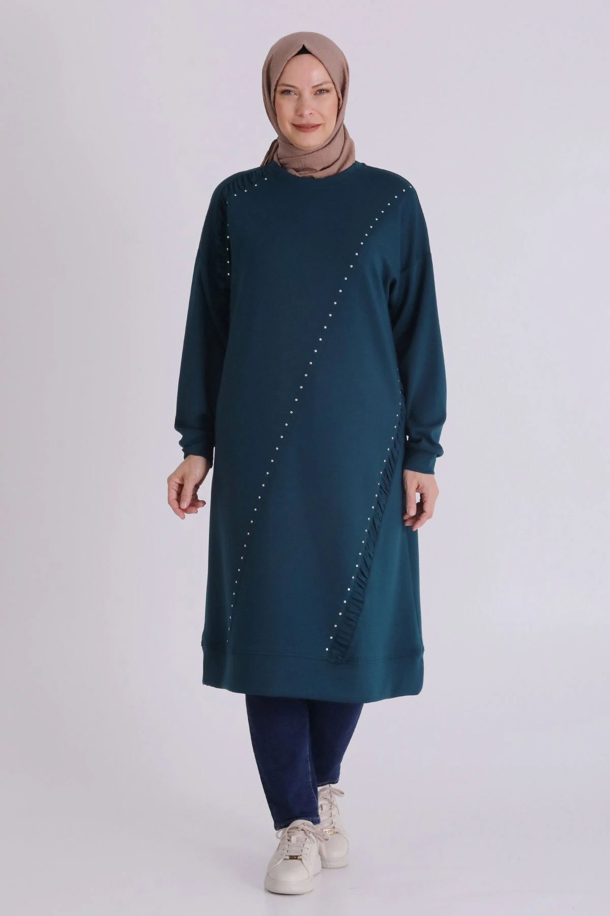 Veka Taşlı Büyük Beden Tesettür Tunik - ZÜMRÜT YEŞİLİ