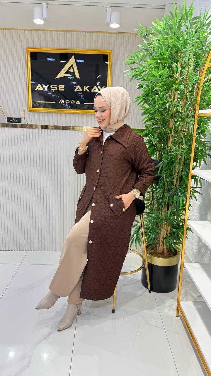  Ayşe Akay Büyük Beden Tesettür Giyim Düğmeli Kap - ACI KAHVE