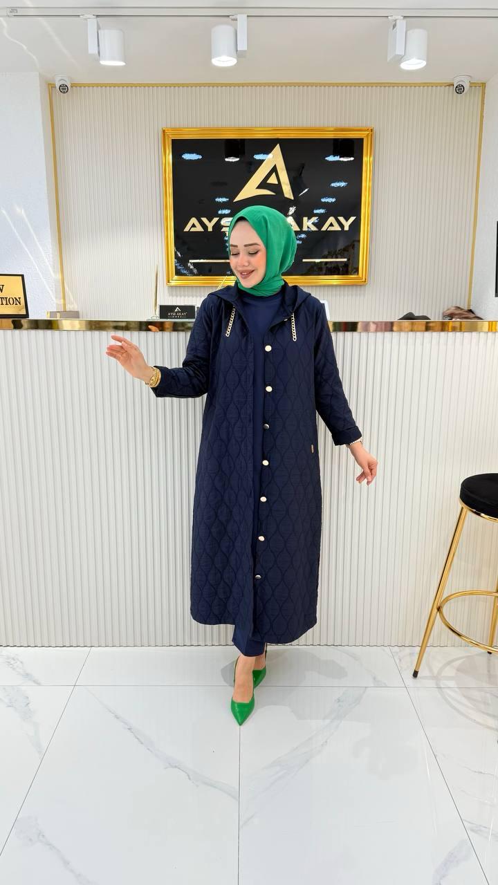 Ayşe Akay Büyük Beden Tesettür Kapüşonlu Kap - LACİVERT