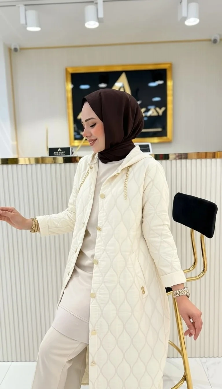 Ayşe Akay Büyük Beden Tesettür Kapüşonlu Kap - Açık Krem