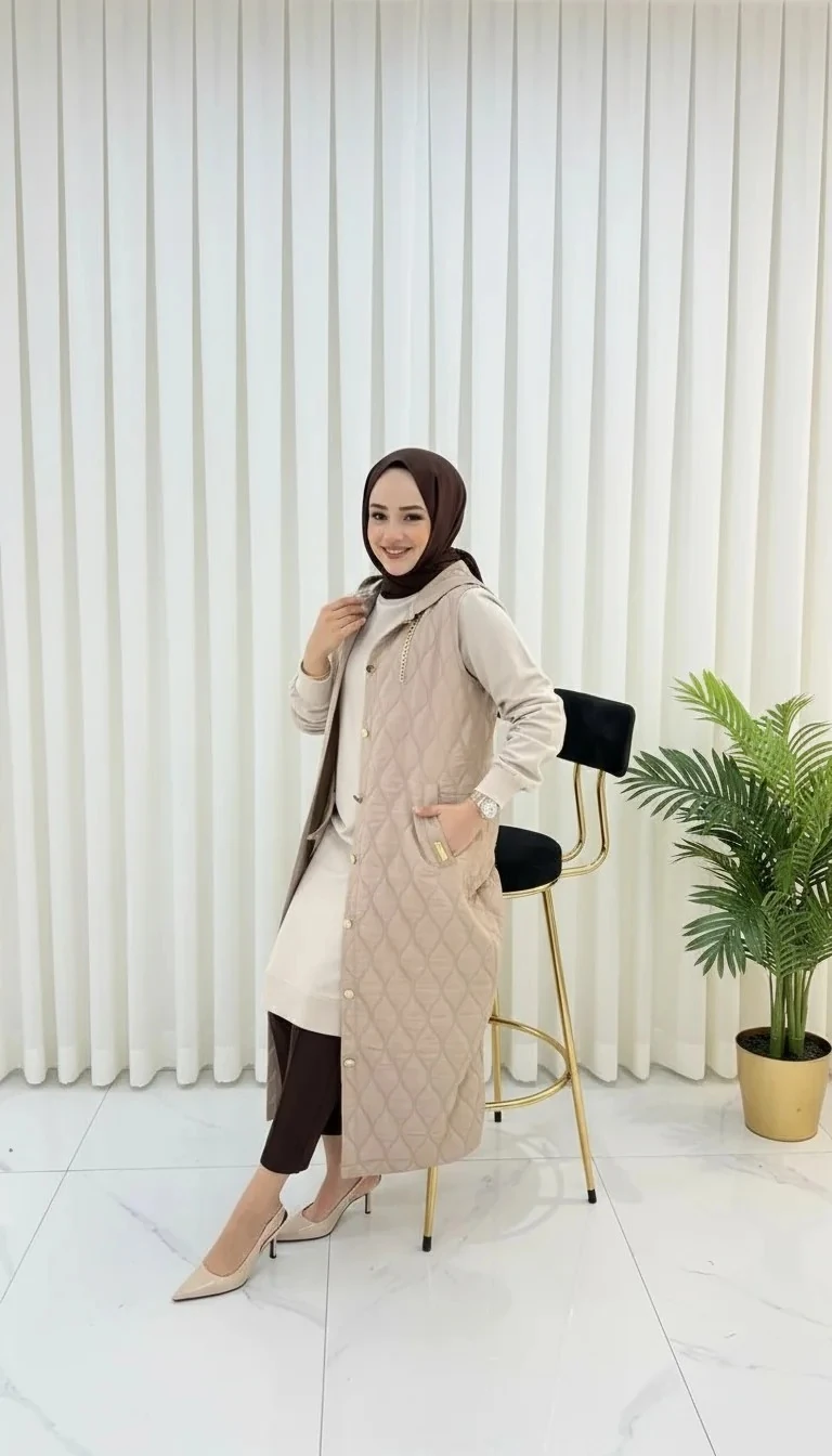 Ayşe Akay Büyük Beden Tesettür Yelek - KREM